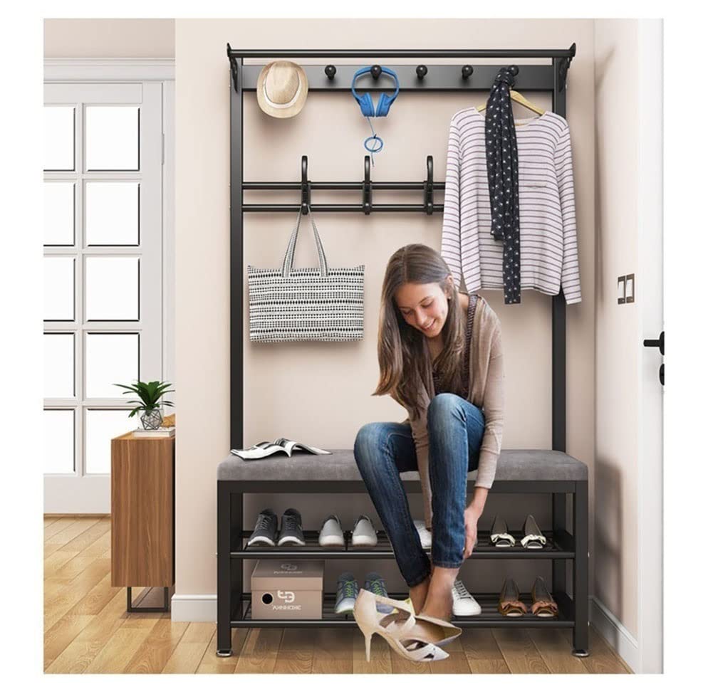 Fangsky 3-in-1 Entryway Hall Tree with Shoe Rack & 10 Hooks - Modern Metal Coat Rack Bench with 2 Storage Shelves (60x33x170cm, Black) - Perfect for Organizing Shoes, Coats & Accessories in Entryway, Bedroom or Mudroom