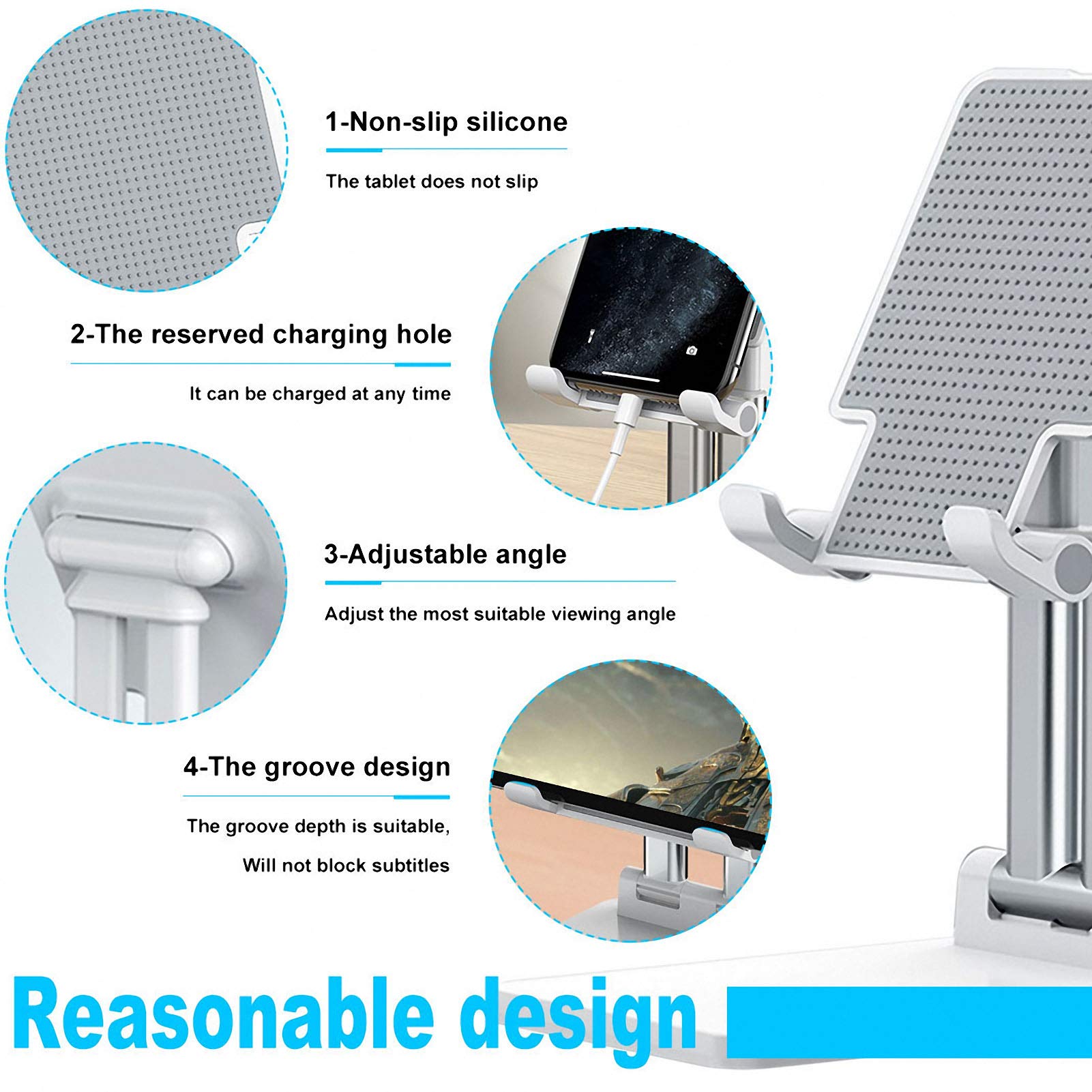Adjustable Cell Phone Stand with Dual Tube Foldable Design - Portable Tablet Holder for Desk, Anti-Slip Phone Stand Compatible with iPad, iPhone & Smartphones (White) - Perfect for Office, Home & Travel Use