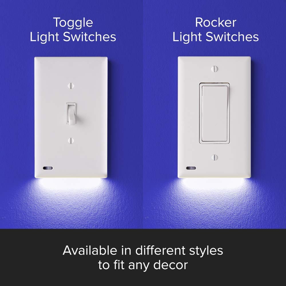 2 Pack SnapPower SwitchLight LED Night Light for Single-Pole Light Switches - White Rocker Switch Plate with Adjustable Brightness & Auto On/Off Sensor - Perfect for Hallways, Bedrooms, Bathrooms & Staircases at Night