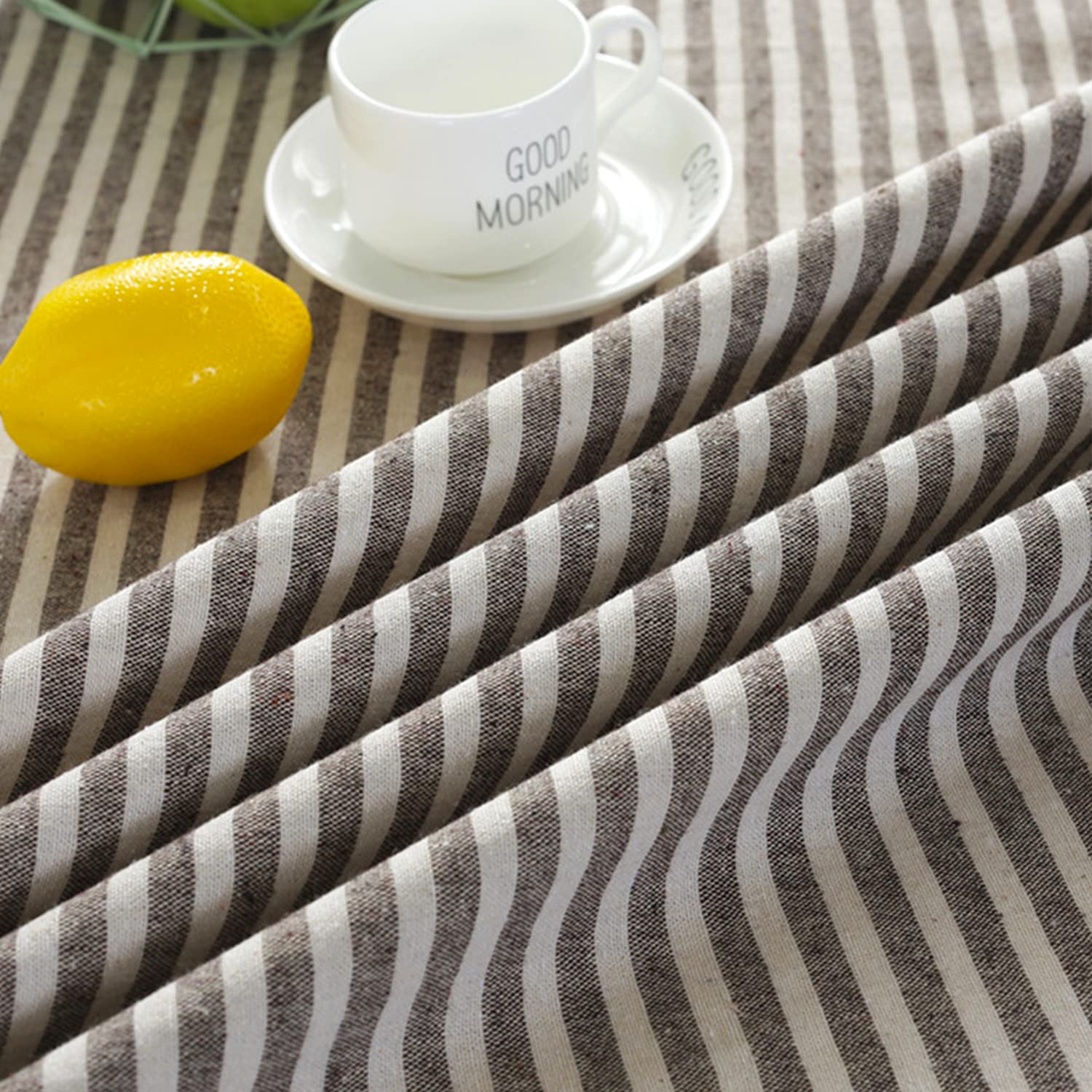 Meioro Round Tablecloth 47 Inch - Striped Cotton Linen Table Cover with Tassel Trim, Dust-Proof Dining Table Cloth for Coffee Tables, Side Tables, Card Tables - Perfect for Parties, Home Decor & Restaurant Use (Coffee Brown)