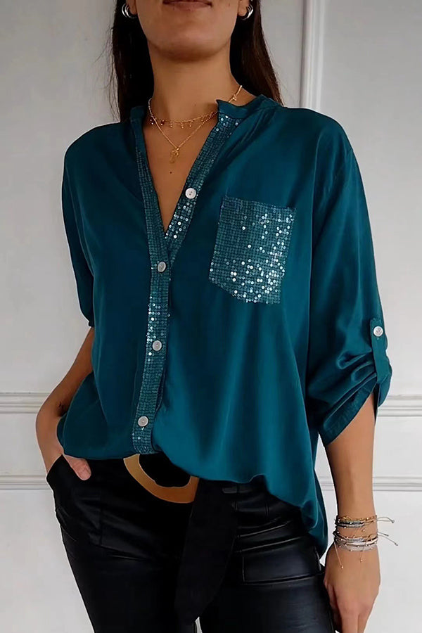 Casual Loose Fit Sequin Pocket Solid Color Shirt Top for Women - Perfect for Parties, Date Nights & Office Wear