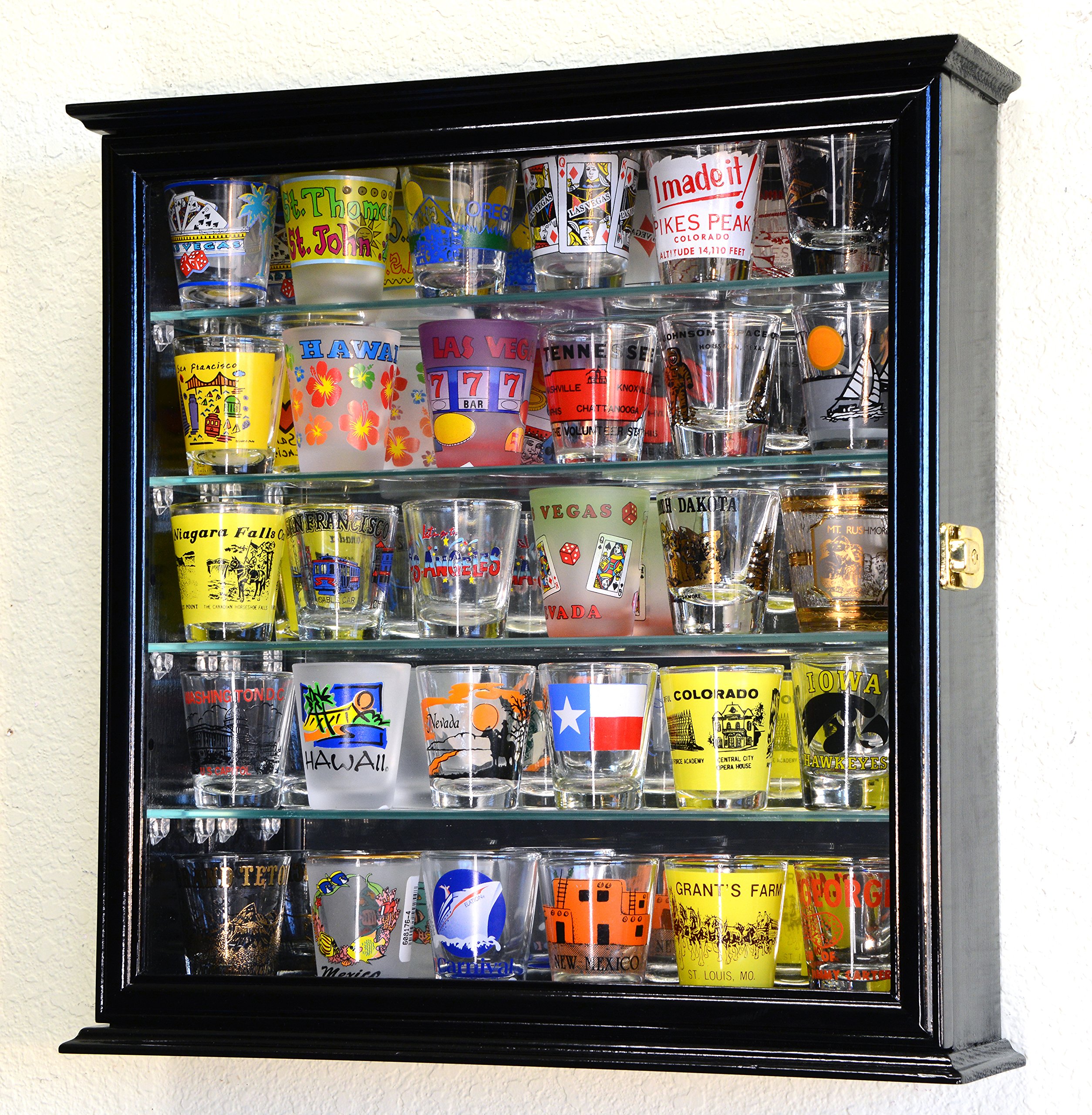 Black Shot Glass Display Case with Mirror Back & 4 Glass Shelves - Wall Mounted Cabinet for Liquor Bottles & Bar Accessories - Perfect for Home Bars, Pubs, and Restaurants