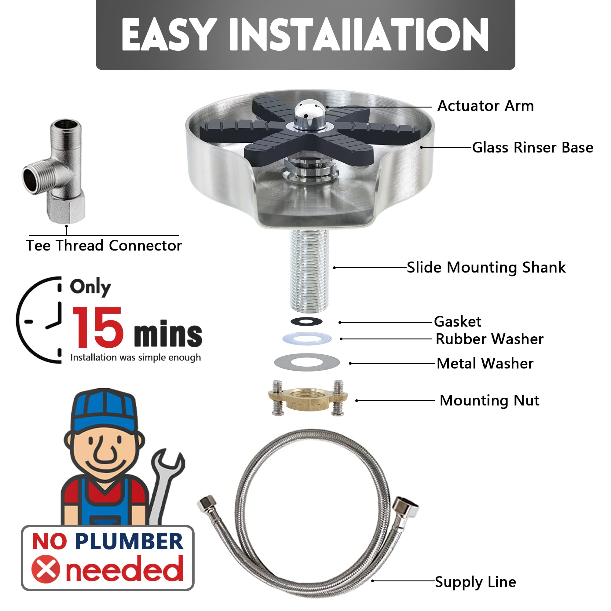Premium Heavy Duty Glass Cleaner & Large Diameter Cup Rinser for Kitchen Sink | Stainless Steel Sink Cup Washer | Baby Bottle & Dishwasher Safe | Automatic Sink Attachment for Effortless Cleaning | Perfect for Home, Restaurant & Commercial Use