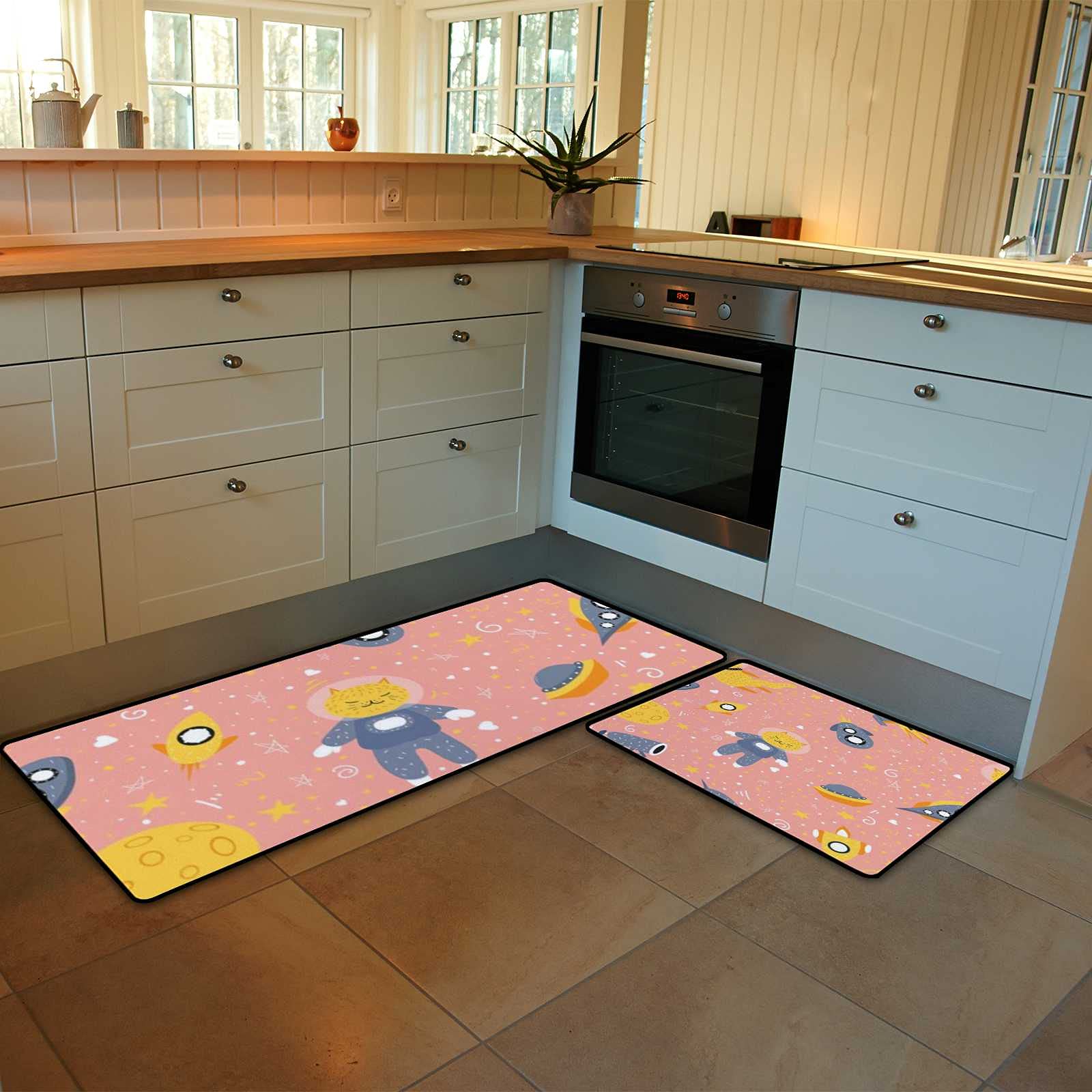 Premium Non-Slip Kitchen Rugs Set of 2 - Space Theme Cat & Stars Design, Anti-Fatigue Cushioned Foam Mats (17.7
