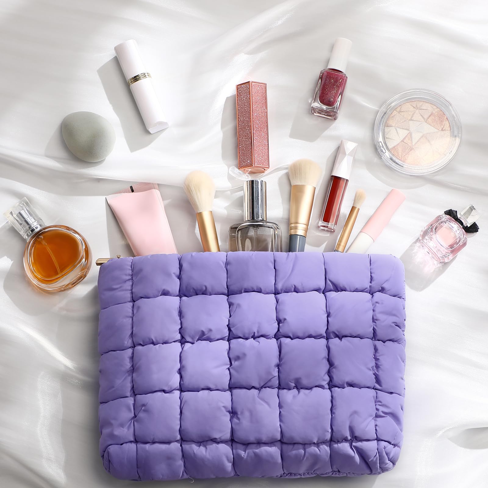 Hillban Puffy Quilted Makeup Bag - Cute Checkered Cosmetic Organizer for Travel & Brushes (Purple)