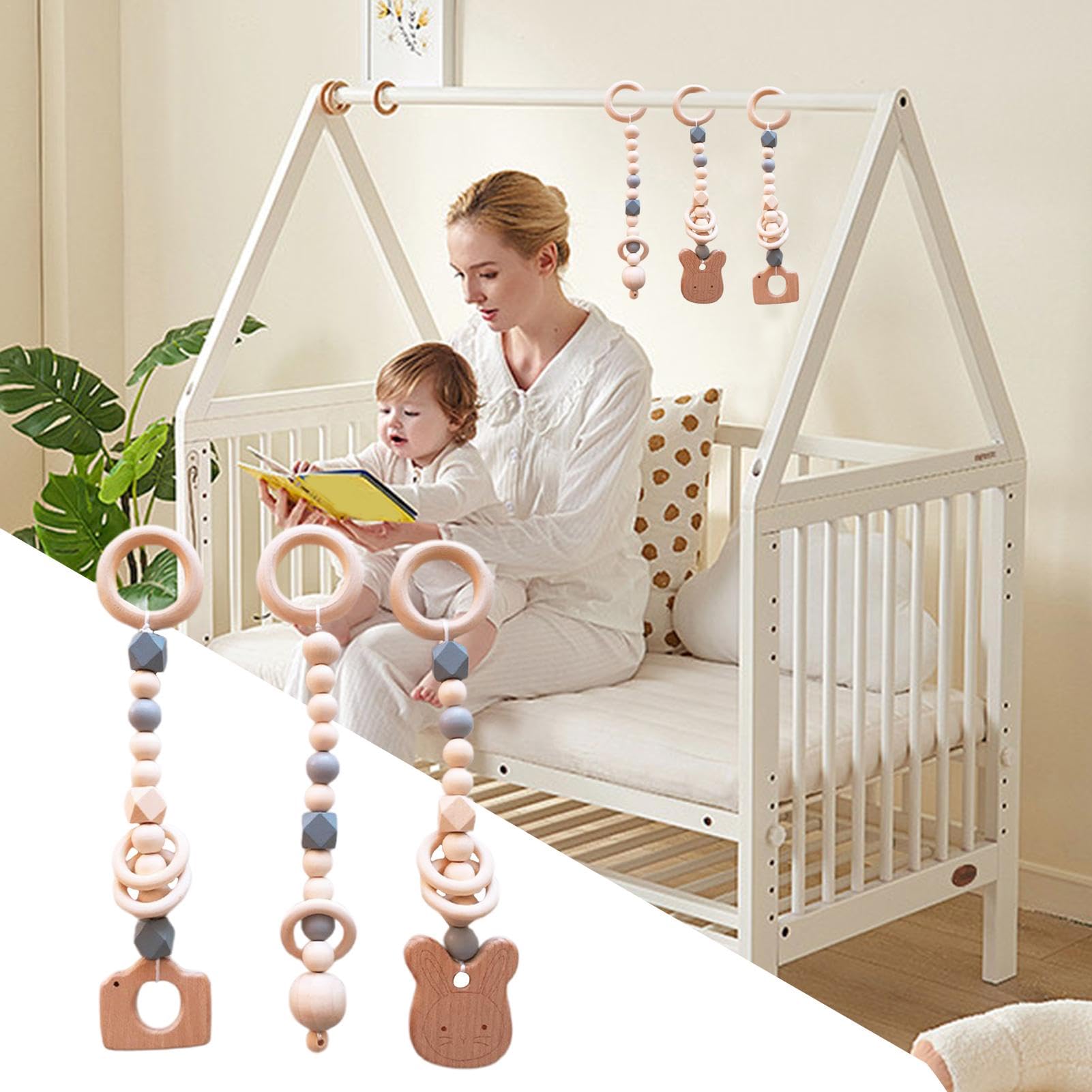 Wooden Baby Play Gym with Hanging Toys - Montessori Crib & Stroller Activity Toy for Infants Boys & Girls | Perfect for Nursery Decor, Birthday Gifts & Early Childhood Development