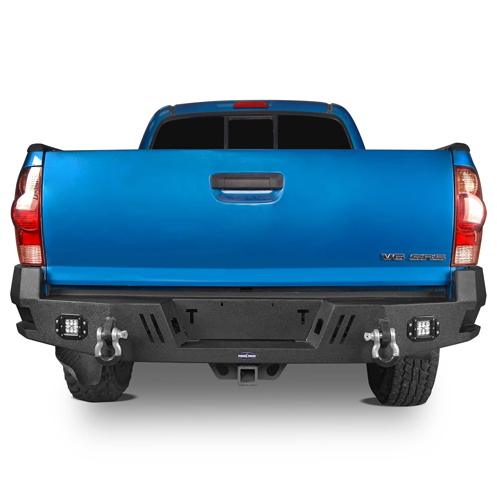 Heavy Duty Steel Rear Bumper with Step for 2005-2015 Toyota Tacoma 2nd Gen | Textured Surface | Integrated 18W LED Flood Lights & D-Ring Tow Points | Off-Road Protection & Truck Accessories (Perfect for Off-Roading, Camping & Work Trucks)