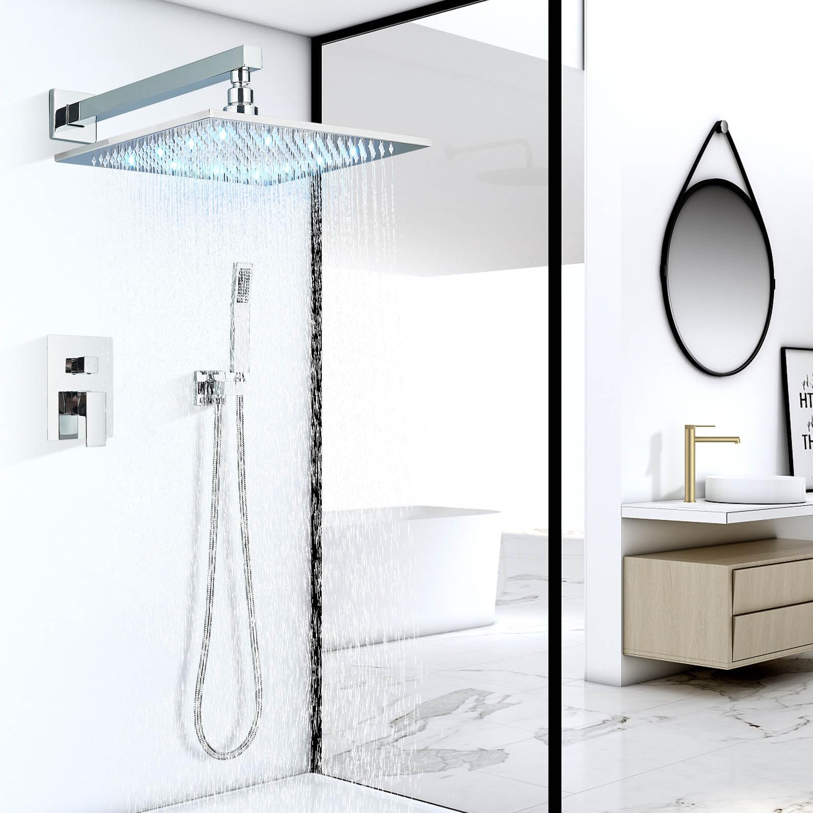 12 Inch LED Shower Head with Brass Handheld - Complete Luxury Shower System Set Including Rough-in Valve & Trim Kit - Perfect for Modern Bathrooms & Spa-Like Experience