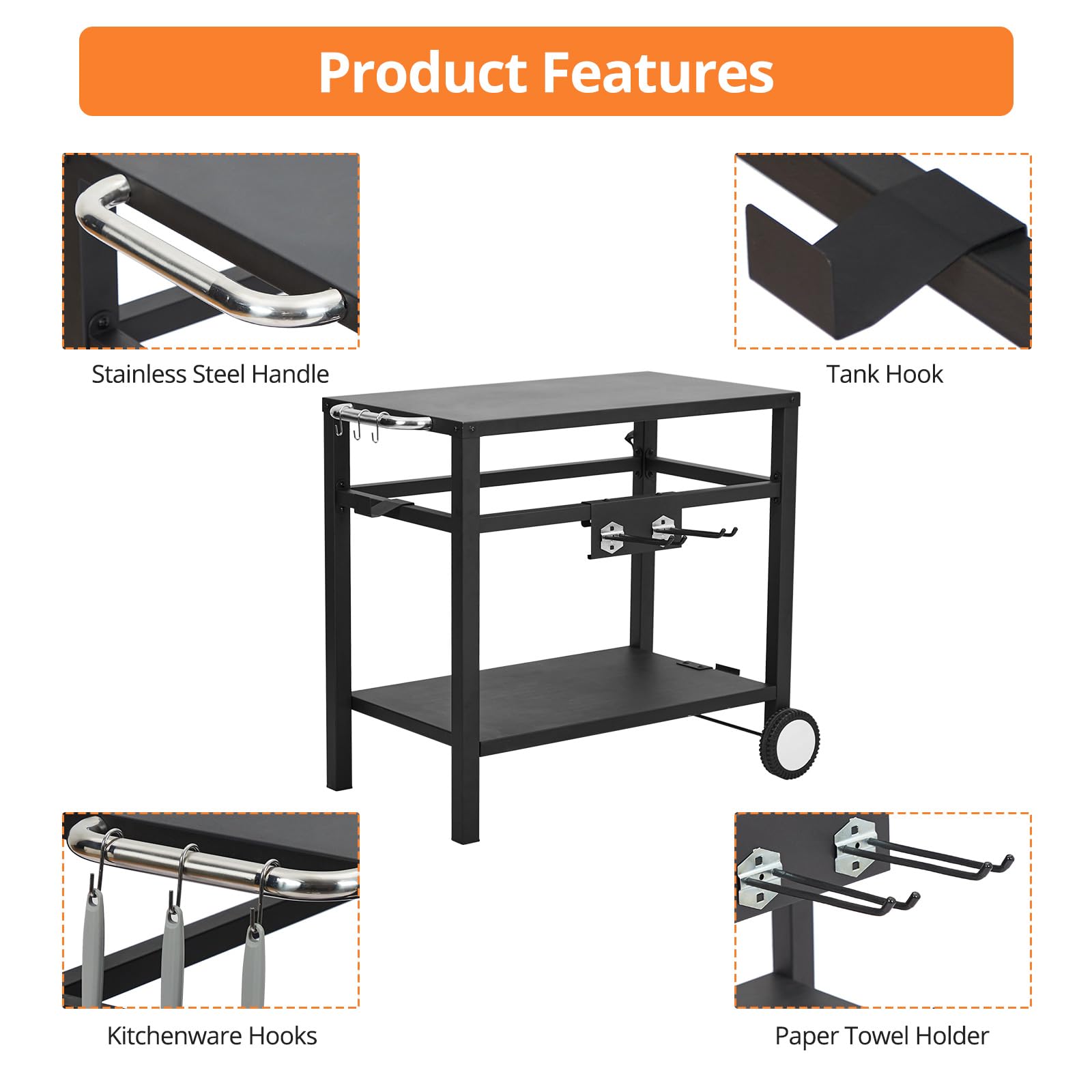 **Garvee Heavy-Duty Grill Cart with Wheels & Hooks – Portable BBQ Prep Table, Pizza Oven Stand, Double-Shelf Cooking Station – Perfect for Outdoor Grilling, Patio, Camping & Home Use (Black)**