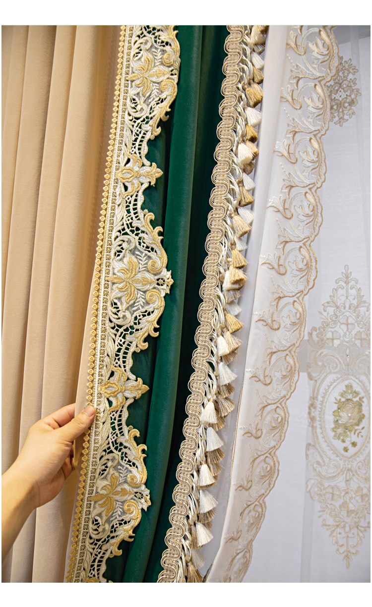 Luxury Velvet Curtain with Lace Border - Green & Beige for Living Room & Bedroom - Elegant Window Treatment for Home Decor