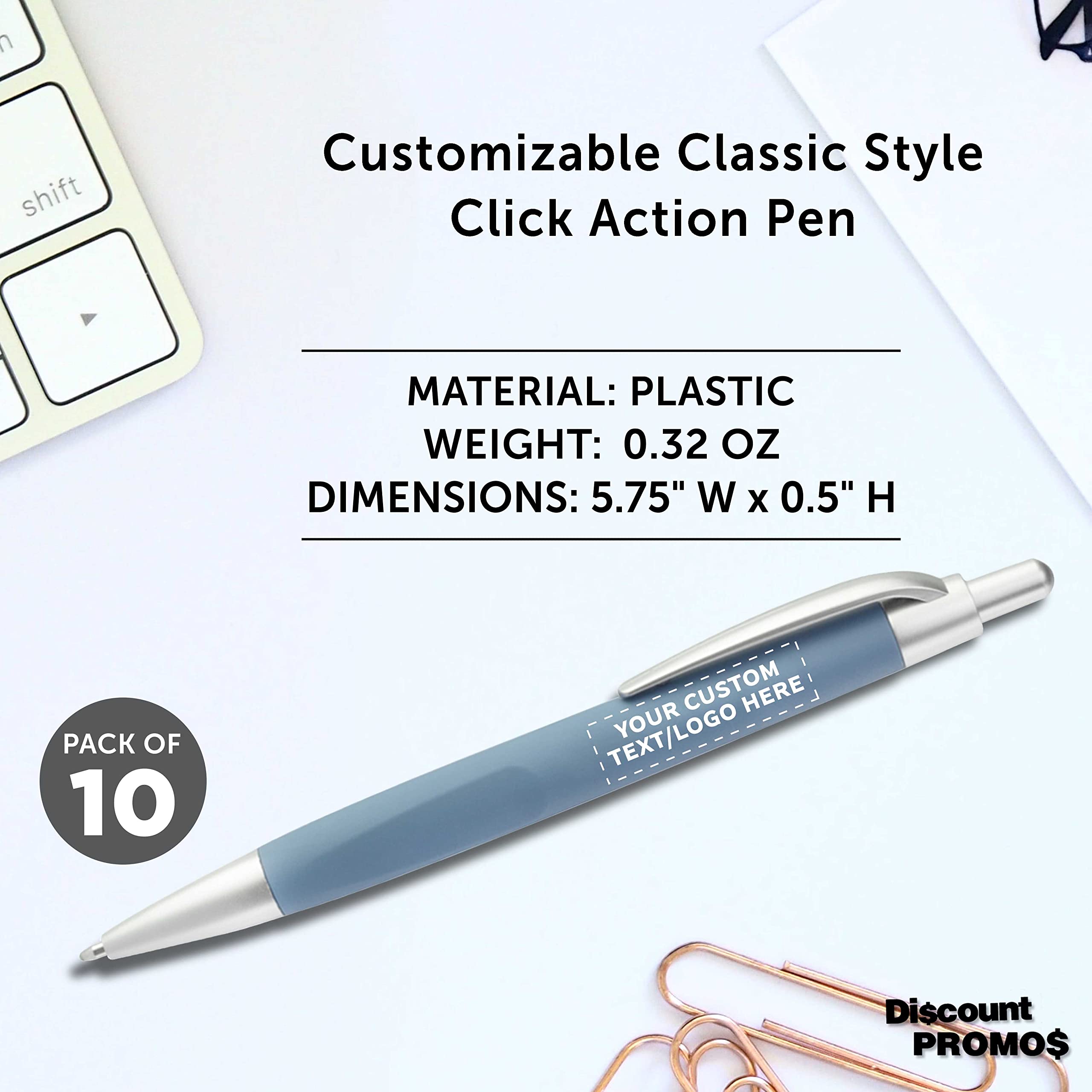 10 Pack Atlas Click Action Pens - Customizable Text & Logo - Plastic Barrel, Black Ink - Light Blue - Perfect for Office, School & Corporate Gifts