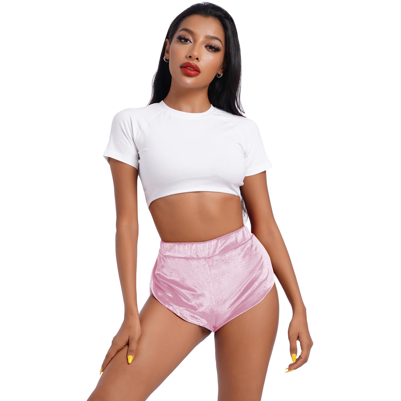Women's High Waist Velvet Yoga Shorts - Sexy Booty Workout Shorts for Pole Dance, Gym & Active Wear - Slim Fit Rave Hot Pants for Women - Perfect for Yoga, Fitness, Dance Classes & Night Out