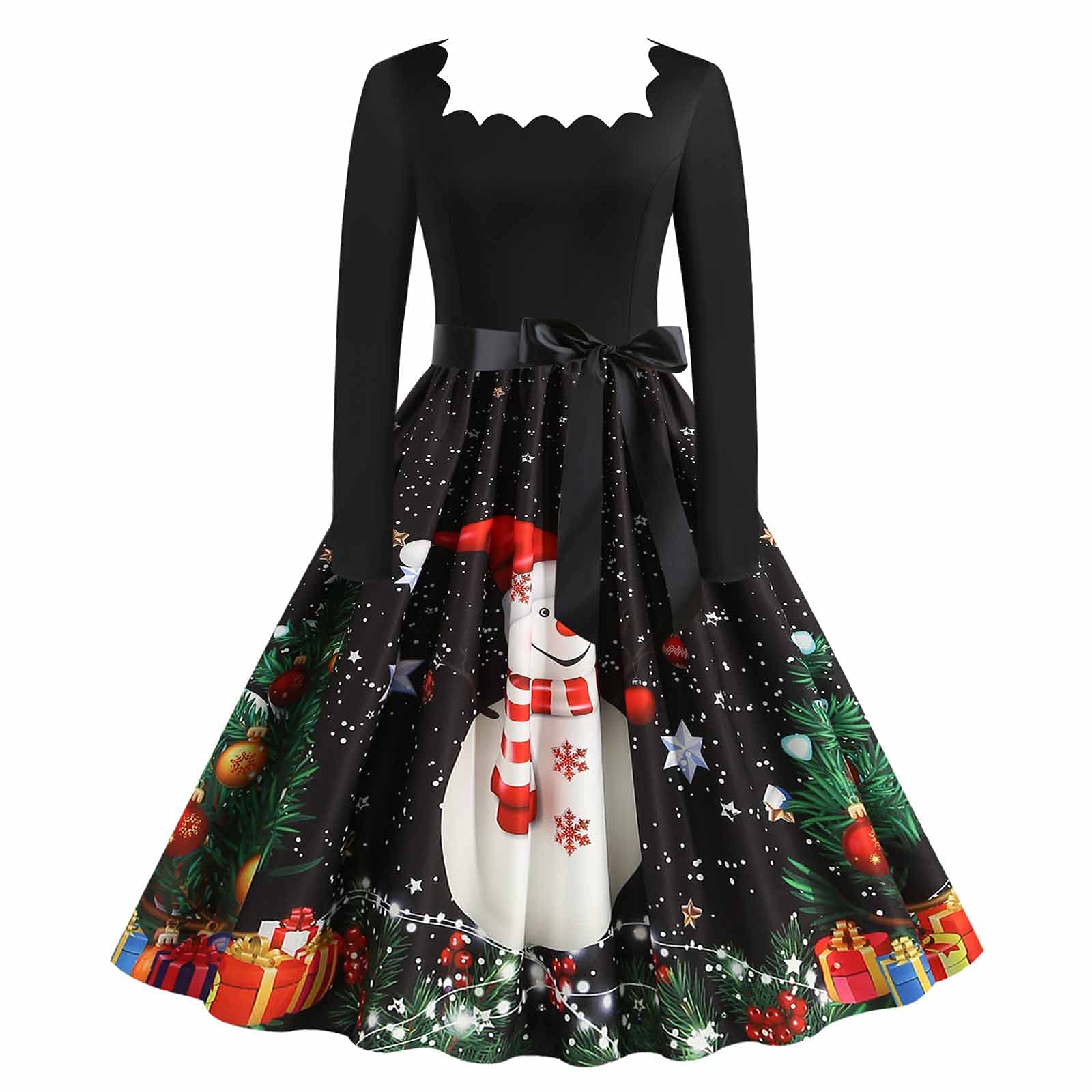 Women's Long Sleeve Midi Dress - Christmas Print Vintage A-Line Flare Cocktail Party Swing Dress for Holiday Parties, Christmas Gatherings & Winter Events