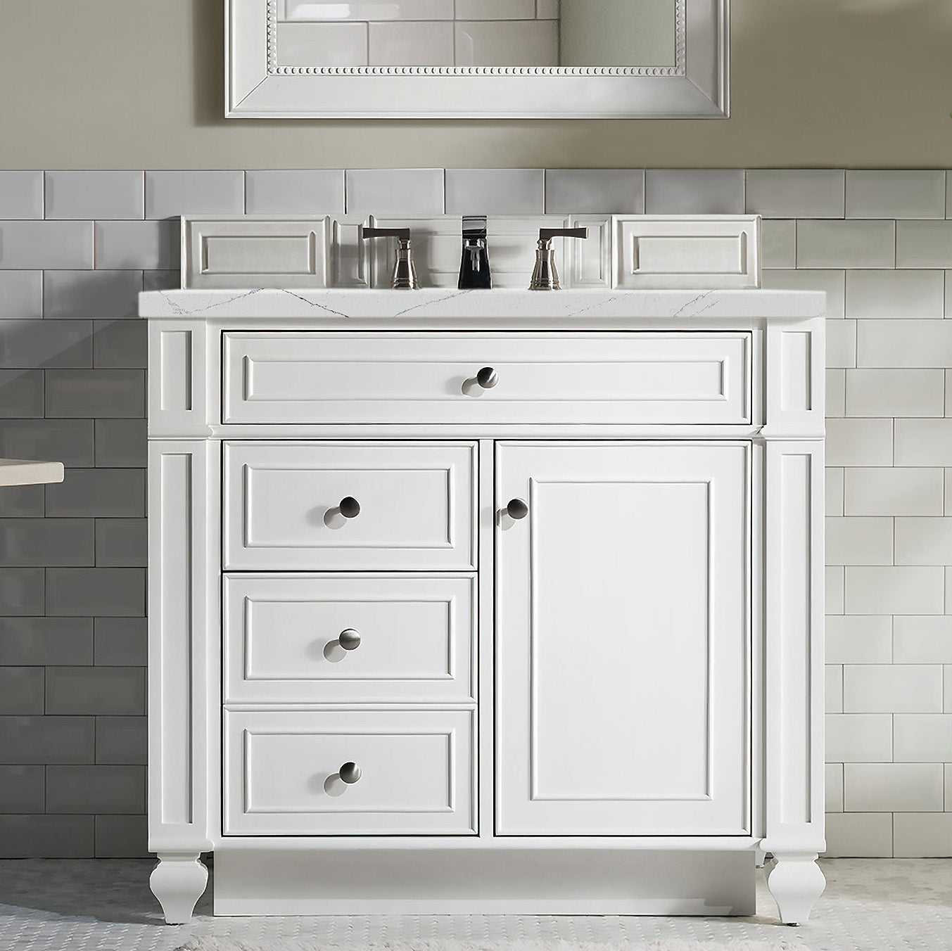 James Martin Vanities Bristol Collection 36-Inch Single Bathroom Vanity in Bright White with Marble Countertop - Perfect for Modern Master Bathrooms & Guest Bath Remodels