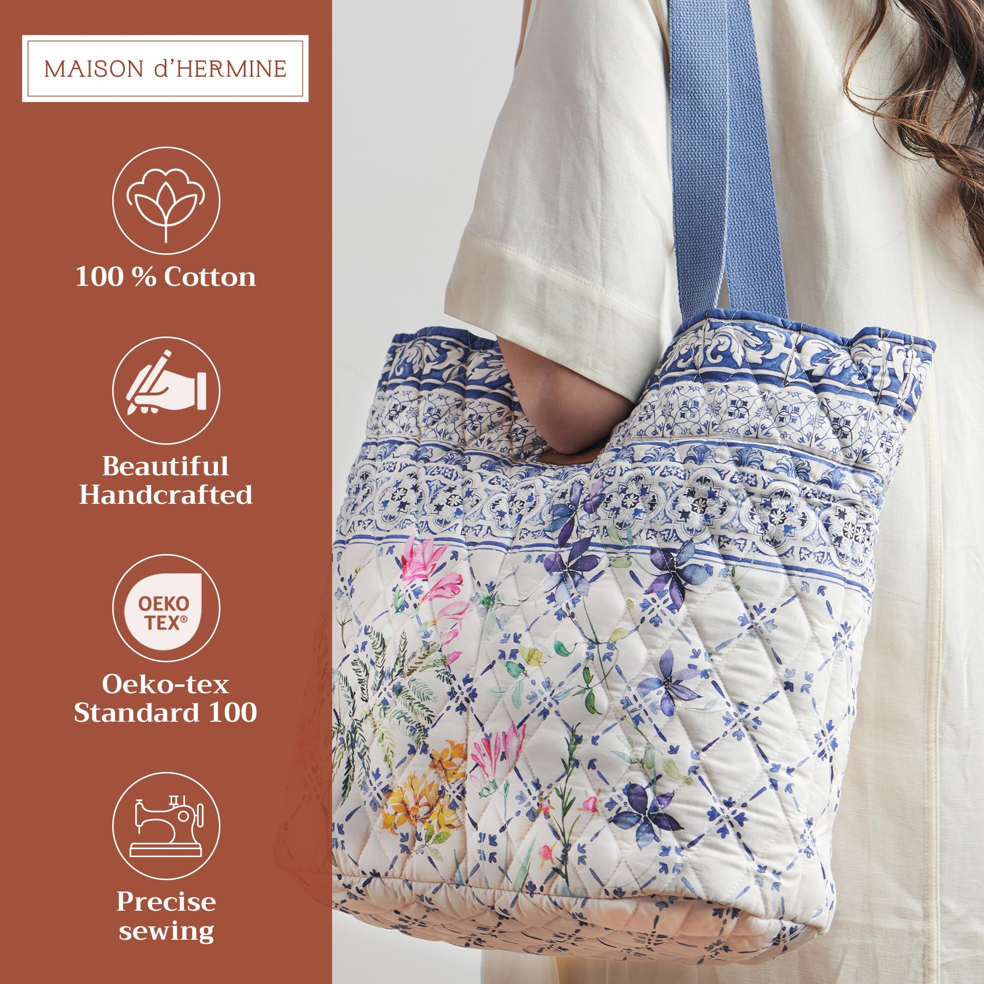 Maison d'Hermine Quilted Cotton Tote Bag with Zipper Pockets & Detachable Pouch - Stylish Work Bag, Travel Tote & Grocery Shopping Bag for Women