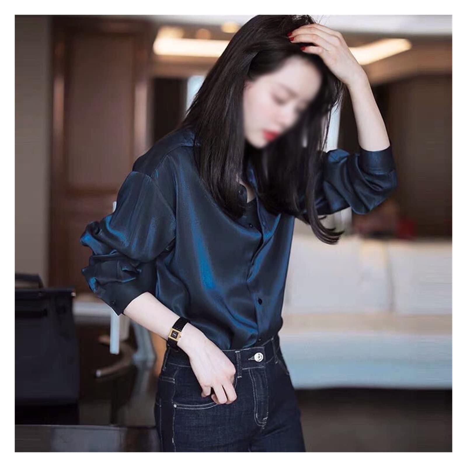 Women's Long Sleeve Chiffon Blouse - Loose Fit Single Breasted Shirt for Spring & Autumn (Blue, Size L) | Office Wear, Casual Outfits & Special Occasions