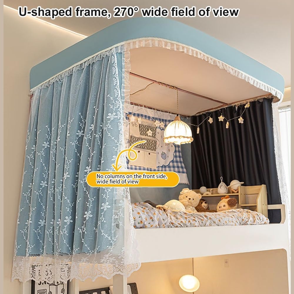 Bunk Bed Canopy Curtain Set with Frame - Top & Lower Bunk Bed Tent with Mosquito Net - Beige Loft Bed Curtains for Kids & Teens - Perfect for Dorm Rooms, Bedrooms & Sleepovers
