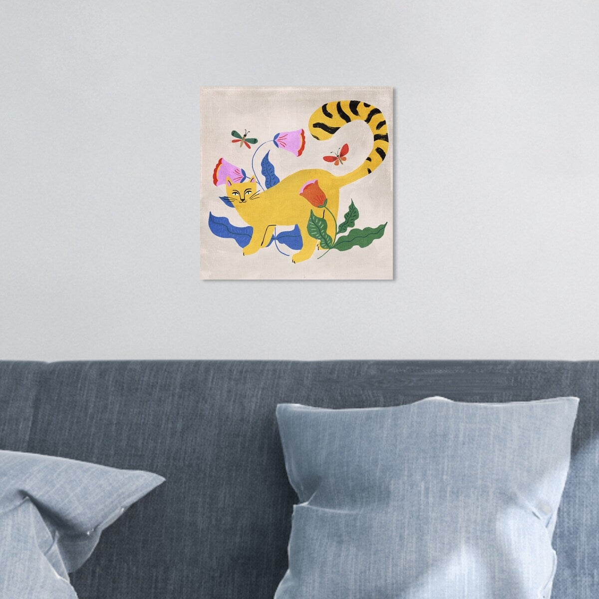 Modern Yellow Floral Kitten Butterfly Canvas Wall Art Print - Blonde Tabby Cat Garden Decor for Bedroom, Living Room & Nursery | Home Wall Decorations