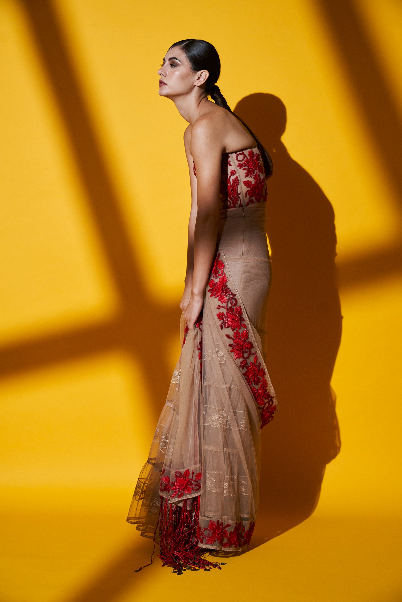 Elegant Blush Pink Pleated Saree with Corset Blouse & Red Raffia Embroidery - Perfect for Weddings, Parties and Special Occasions