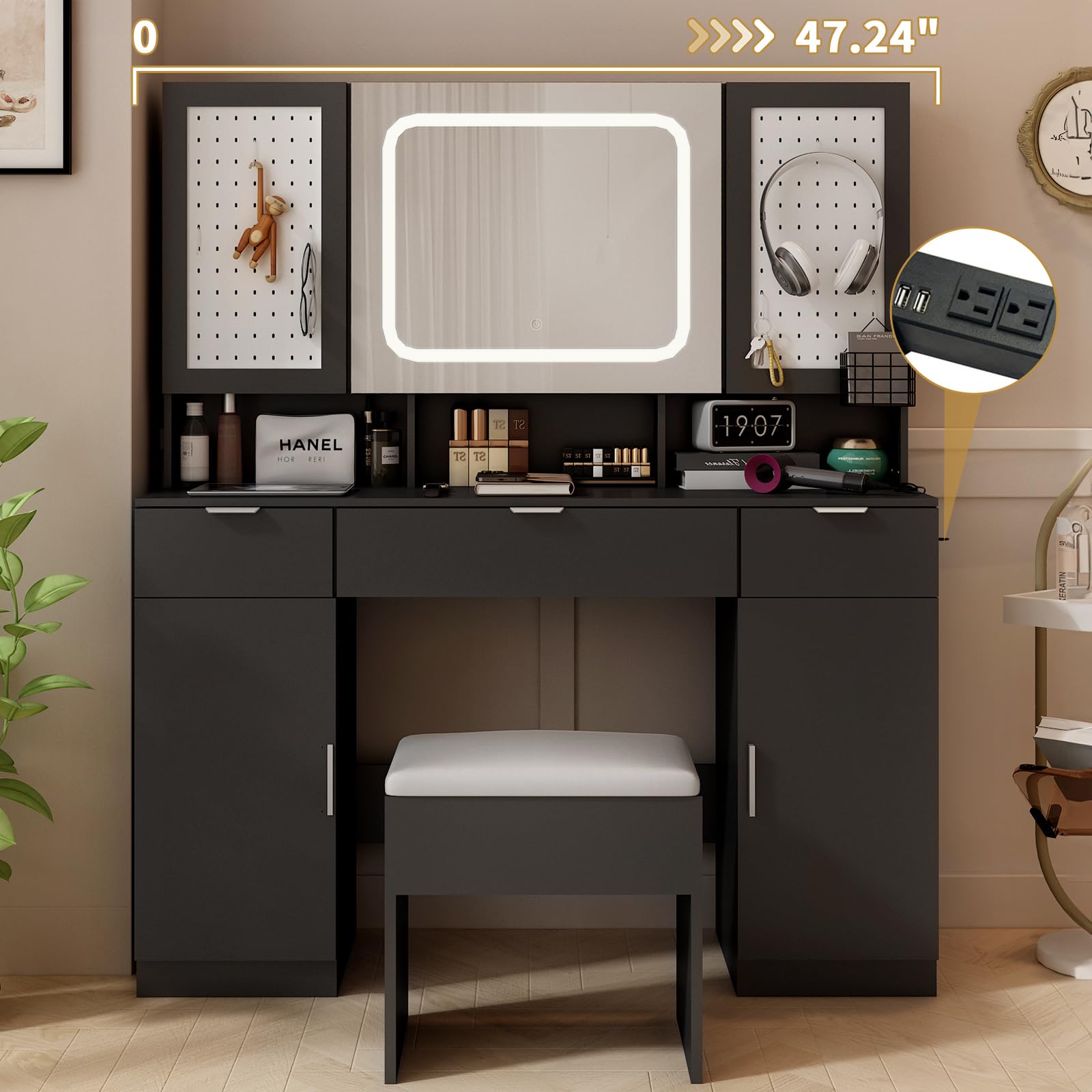 Karl Home Large Vanity Table Set with LED Lighted Mirror - Makeup Vanity Desk with Charging Station, Storage Cabinets & Drawers, Cushioned Stool - Perfect for Bedroom Makeup & Dressing Area - Black