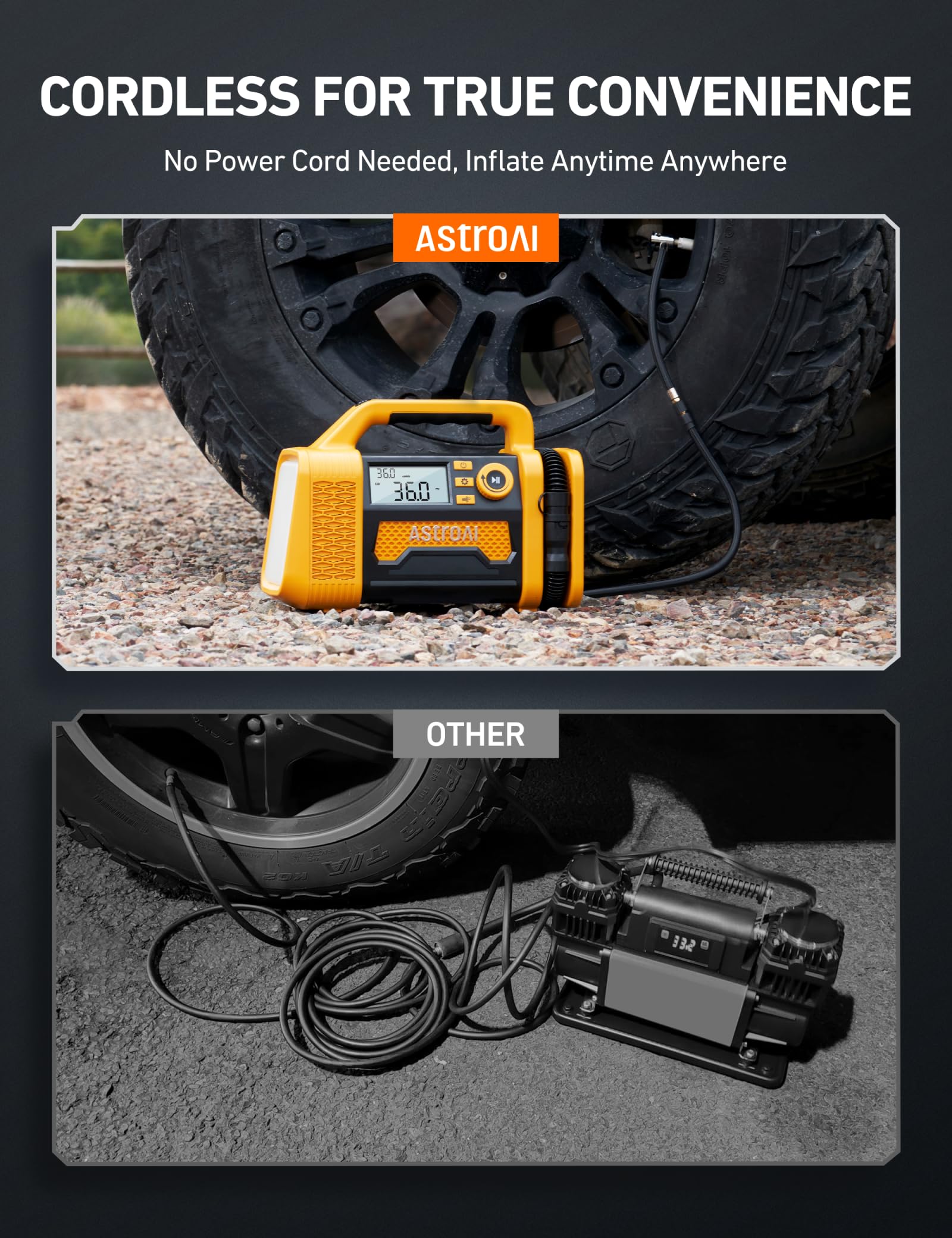 AstroAI TC3 150PSI Portable Air Compressor - Digital Tire Inflator for Cars, Trucks, SUVs & RVs | Heavy Duty Offroad Air Pump with LCD Display | Ideal for Road Trips, Emergency Flat Tires & 4x4 Adventures (Yellow)