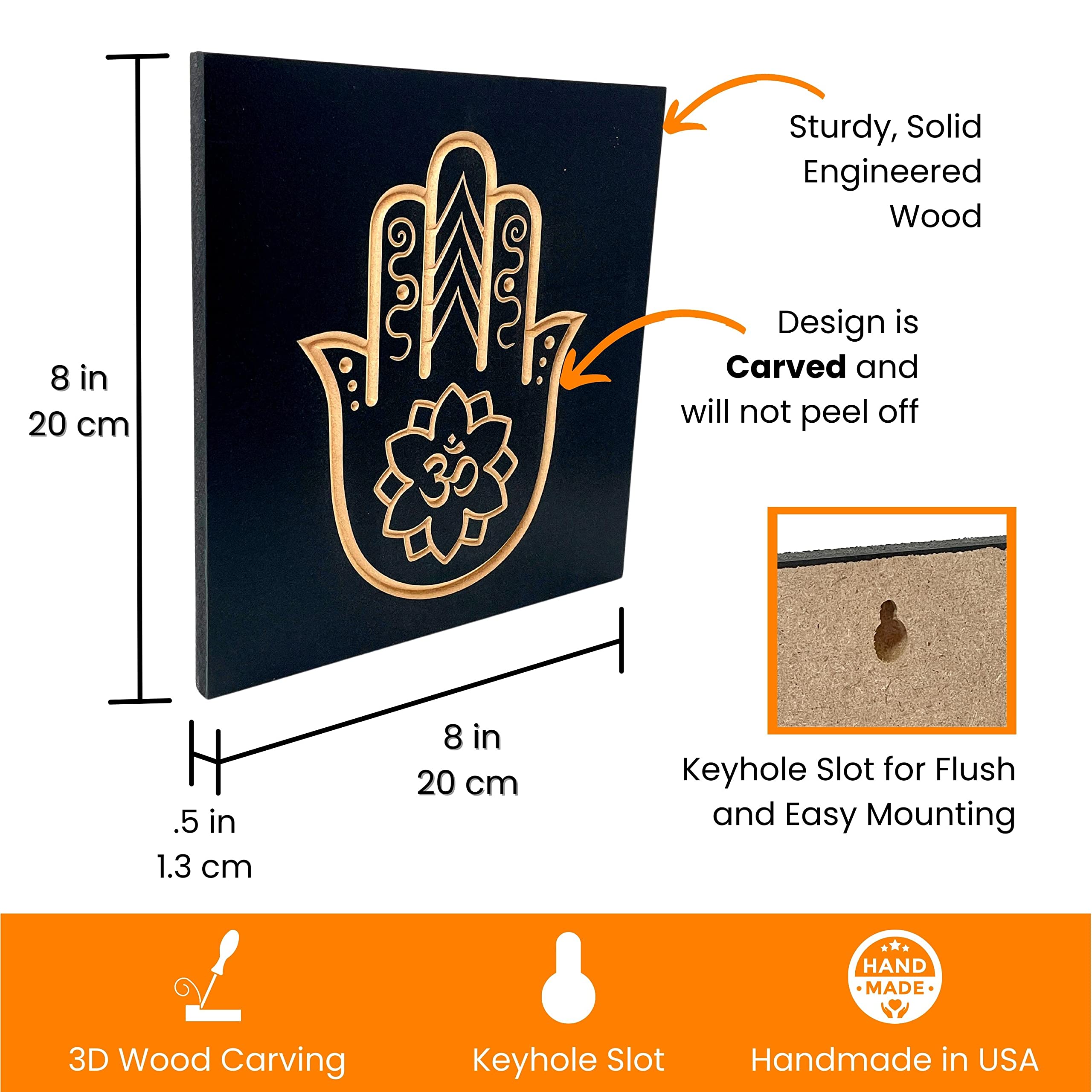 Hand Carved Black Wood Hamsa Hand Om Flower Wall Decor - 8 x 8 Inches Spiritual Wall Art for Pooja Room, Meditation Space & Home Decor - Indian Wooden Wall Hanging with Sacred OM Symbol - Perfect for Yoga Studios, Prayer Rooms & Boho Chic Interiors
