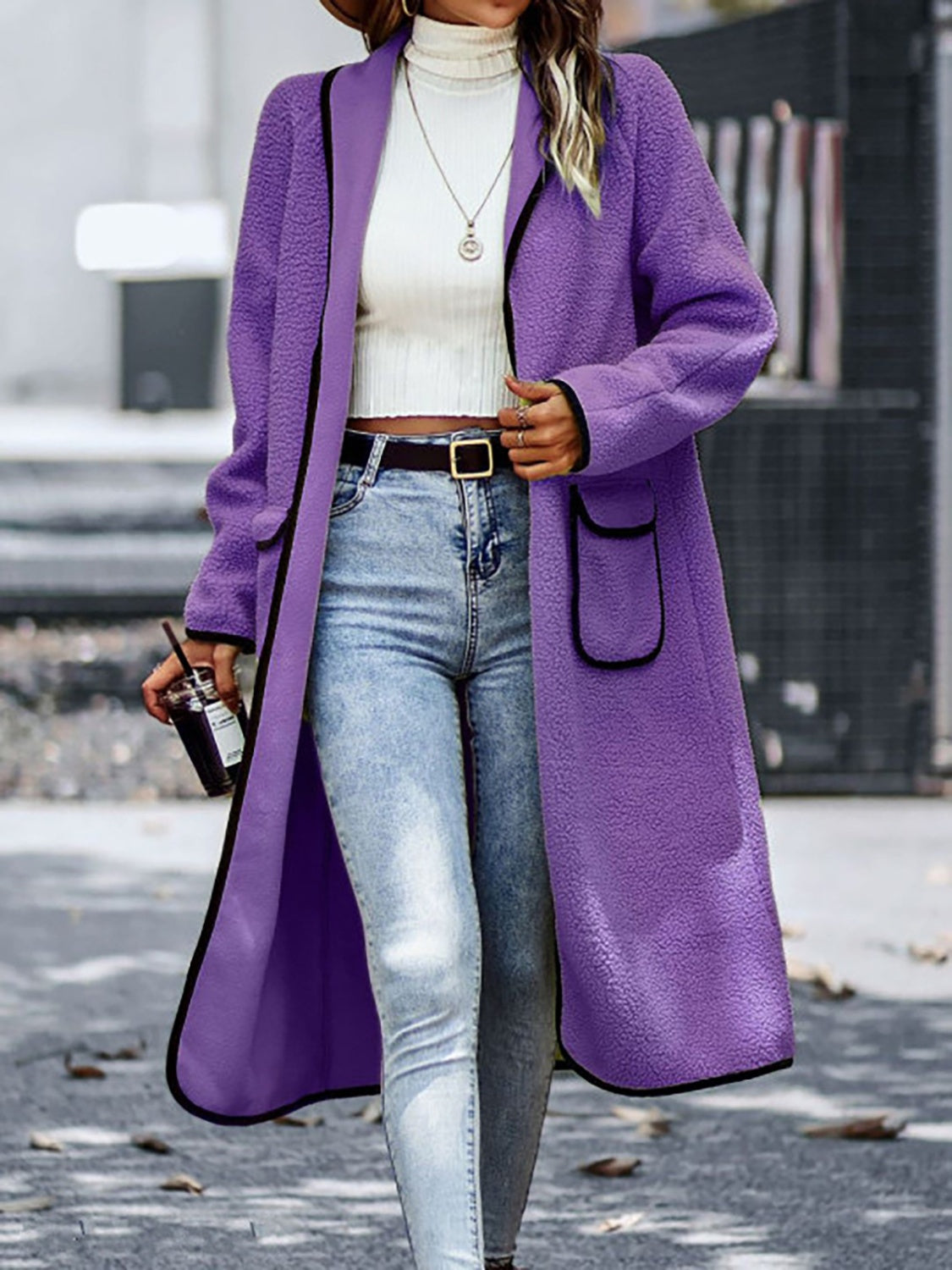 Full Size Contrast Trim Long Sleeve Coat with Pockets - Stylish Winter Outerwear for Women, Men | Perfect for Office, Dating & Outdoor Activities