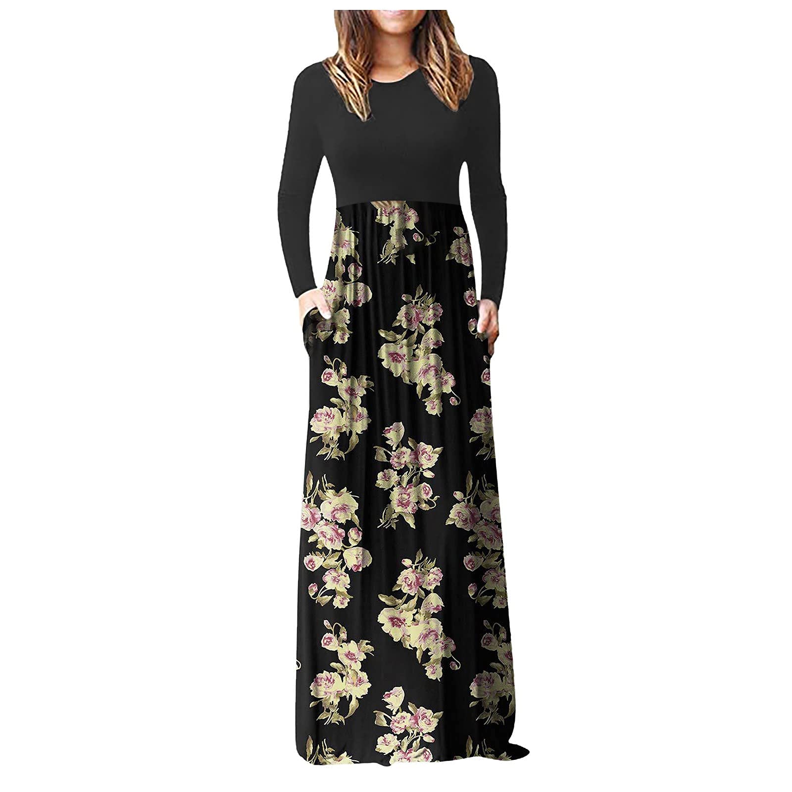 Women's Floral Print Long Sleeve Maxi Dress - Hemlock Fall Evening Party Gown with Pockets | Elegant Floor Length Formal Dress for Weddings, Cocktail Parties & Special Occasions