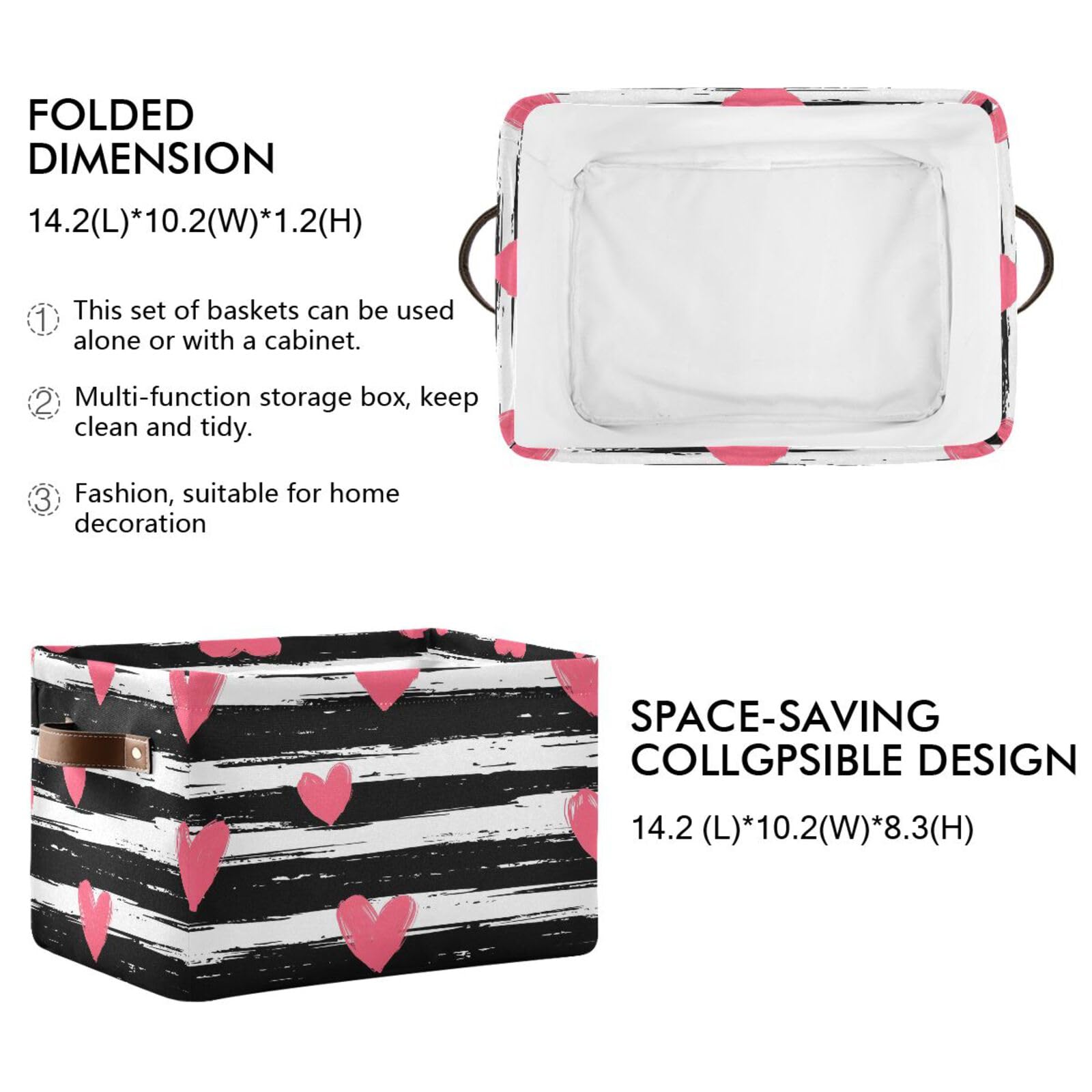 Hearts Striped Storage Basket - Foldable Canvas Fabric Organizer Bin with Handles for Home, Closet & Bedroom Organization (2-Pack) | Perfect for Toys, Blankets & Seasonal Decor Storage