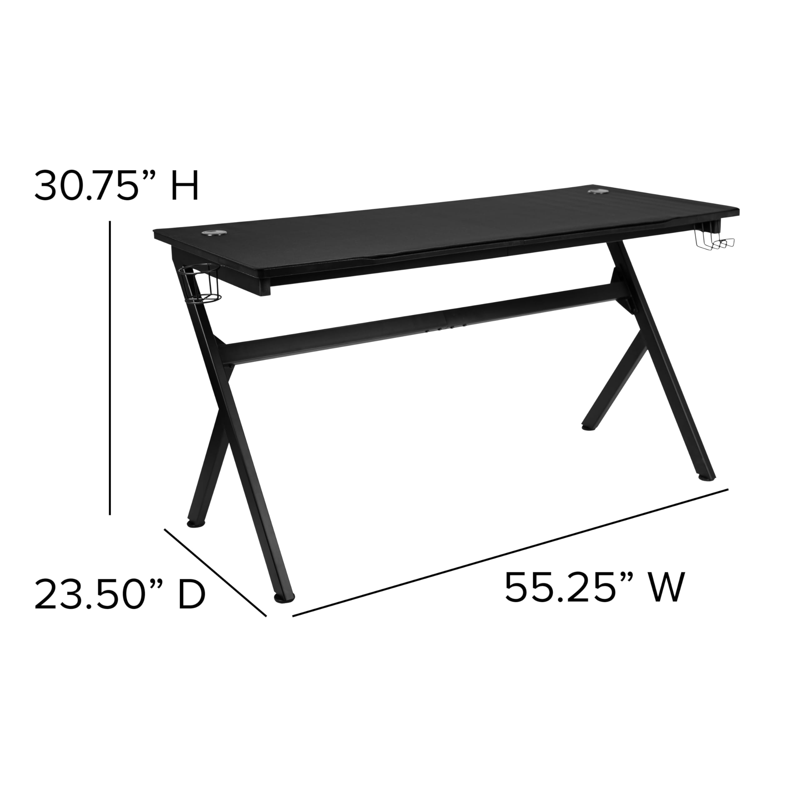 EMMA + OLIVER Black Gray Gaming Desk Bundle with Cup Holder, Headset Stand & Mouse Pad - Ergonomic Computer Desk for PC Gaming Setup, Home Office & Streaming Station