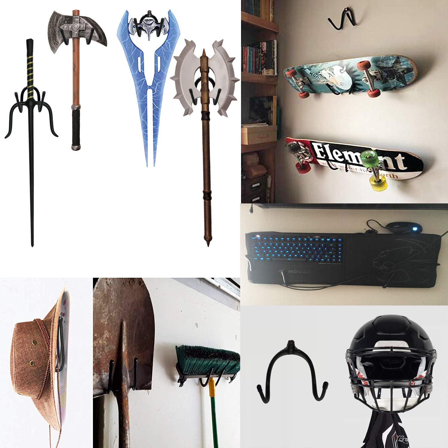 Flexible Adjustable Wall Rack - Multi-Purpose Wall Mount Display Stand & Organizer Hooks for Skateboard, VR Headset, Sword, Hat, Helmet, Coat - Universal Storage Solution (2 Pack) - Perfect for Home, Garage & Office Organization