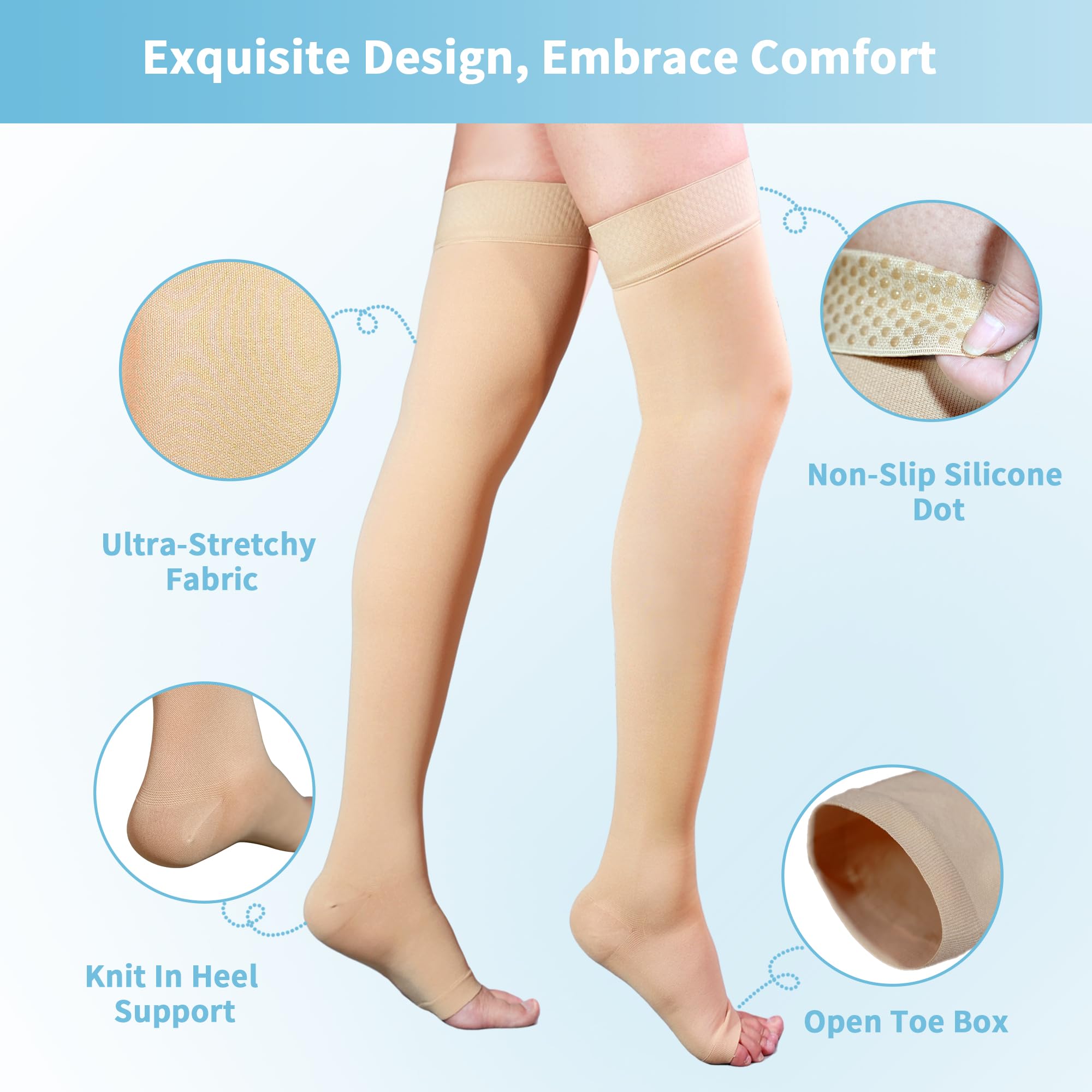 20-30 mmHg Thigh High Compression Stockings for Women & Men - Open Toe with Silicone Dot Band - Ideal for Varicose Veins, Swelling Relief & Long Flights