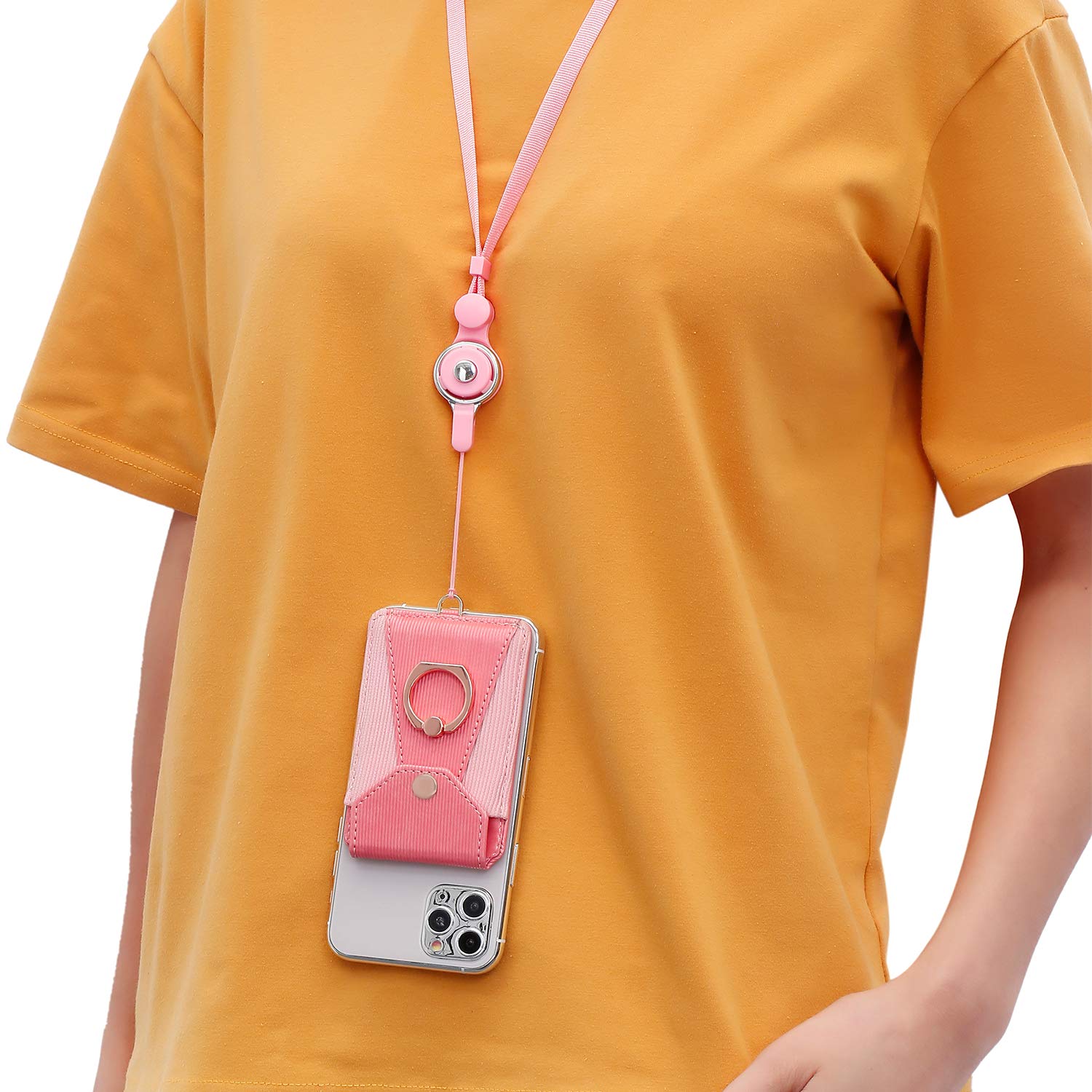 Pink Adhesive Stick-on Cell Phone Card Holder with Ring Grip Stand & Detachable Neck Strap - Wallet Pocket for Credit Cards, ID & Cash - Perfect for Hands-Free Shopping, Travel & Daily Commute