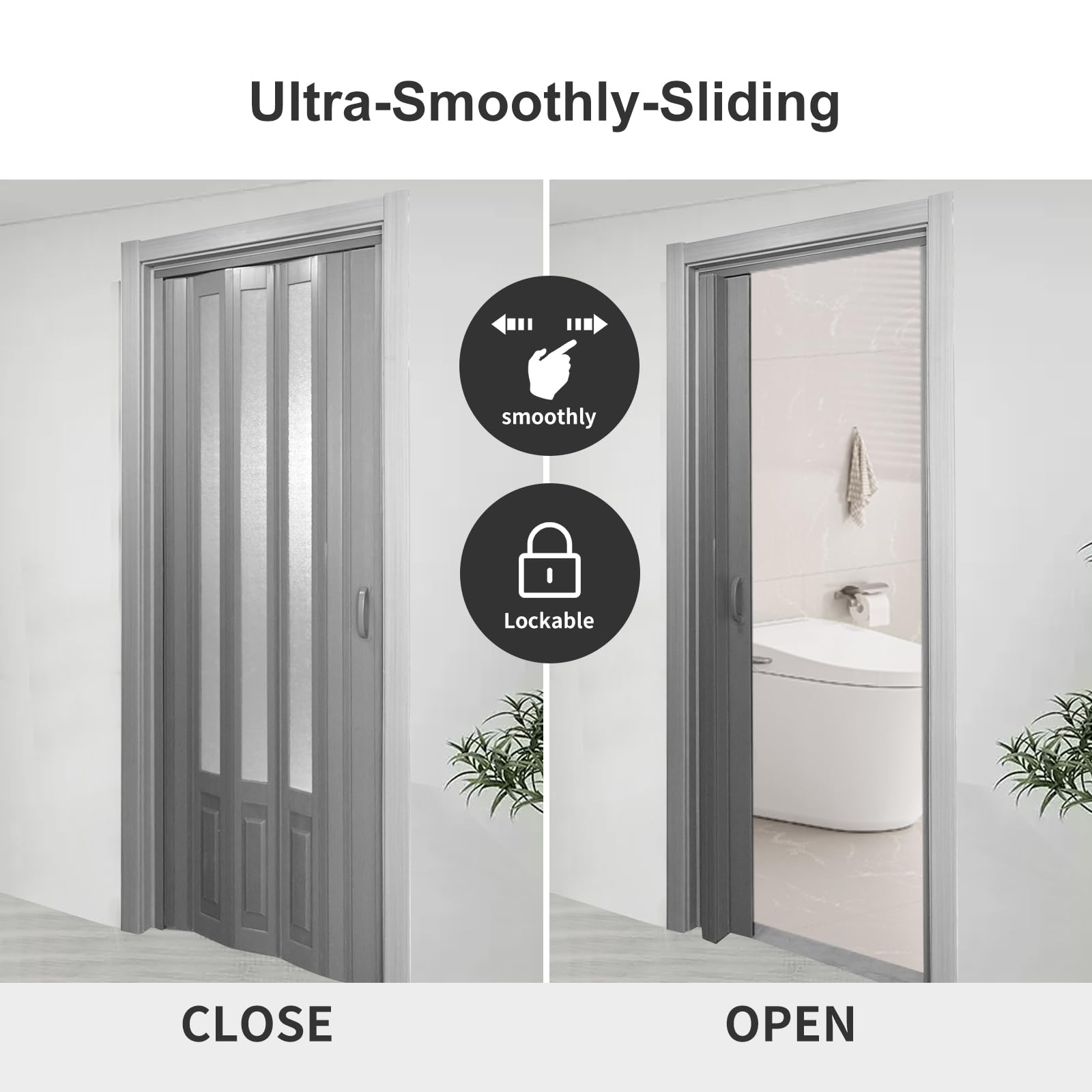 48x96 Inch Grey PVC Accordion Folding Door with Acrylic Glass & Mounting Hardware - Multi-Fold Closet Door for Bedroom, Office & Storage Spaces