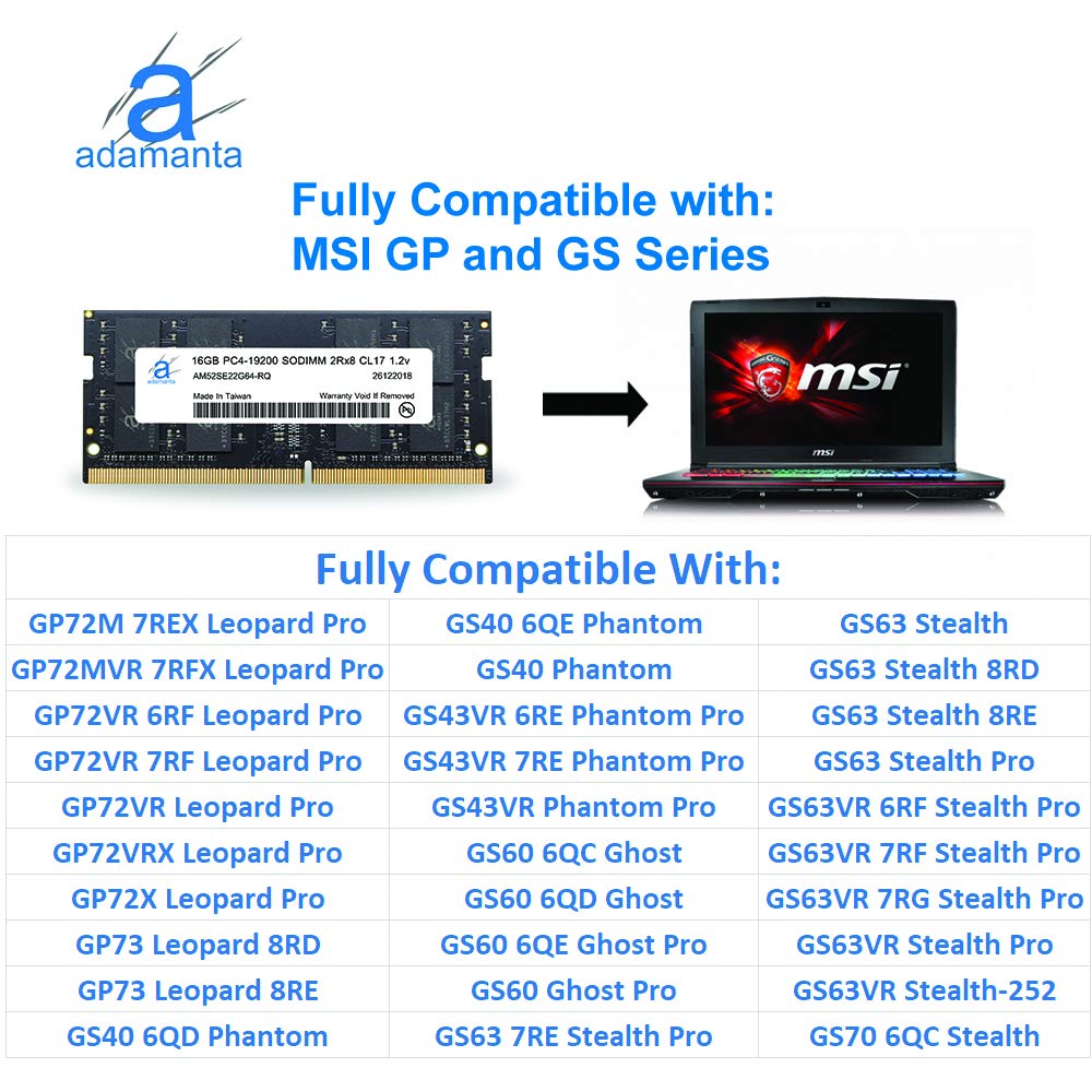 Adamanta 16GB DDR4 2400MHz SODIMM Laptop RAM (1x16GB, PC4-19200, CL17, 1.2V) - Compatible with MSI GP/GT/GS Series Notebooks - Perfect for Gaming, Video Editing & Multitasking