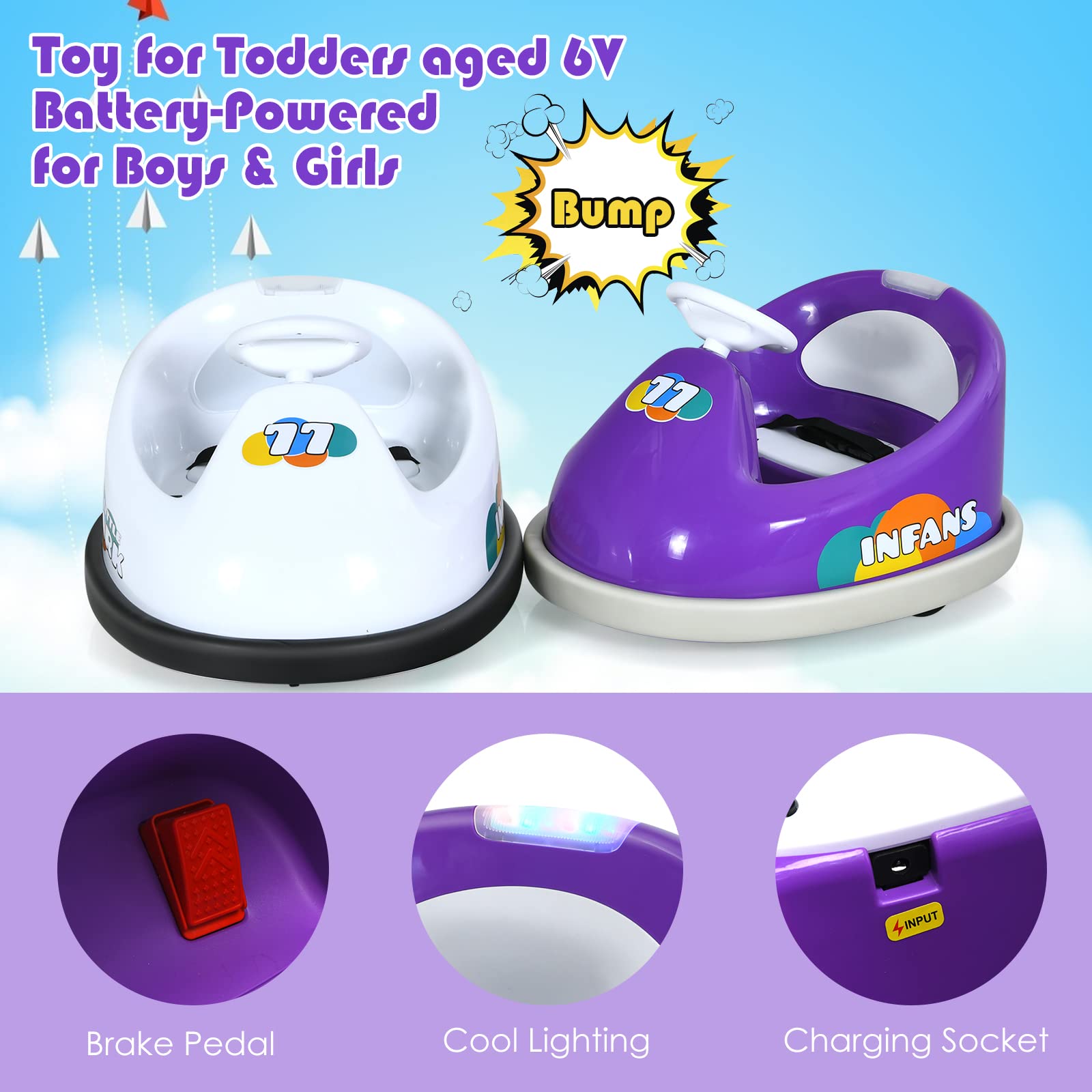 INFANS 6V Kids Electric Ride On Car with 360° Spin, Remote Control, LED Lights & Bluetooth - Rechargeable Bumper Toy Vehicle for Boys & Girls (Purple) | Perfect for Indoor Play, Backyard Fun & Birthday Gifts