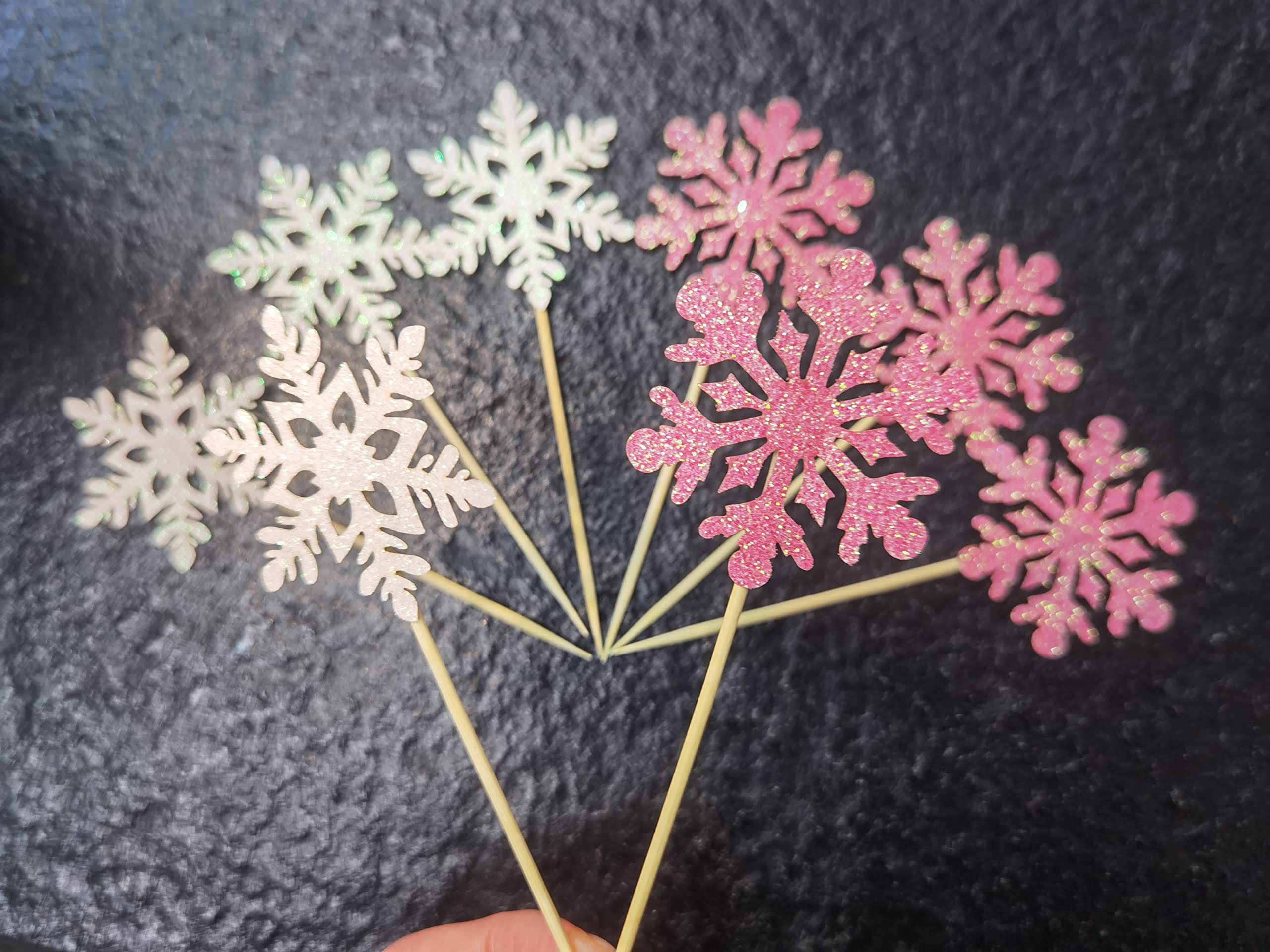 24 Pcs Glitter Snowflake Cupcake Toppers - Pink & White Edible Cake Decorations for Christmas, Baby Shower & Winter Party Decor | Perfect for Holiday Baking, Dessert Display & Festive Celebrations