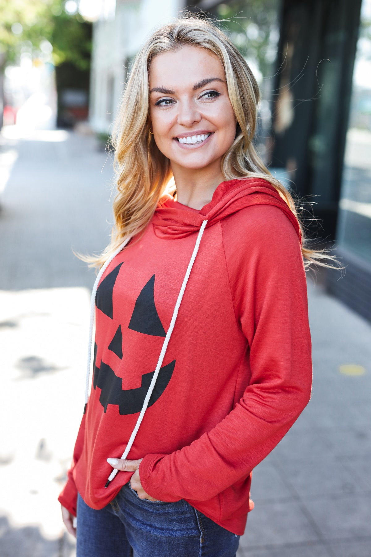 Orange Jack O'Lantern French Terry Thumb Hole Double Hoodie - Halloween Pumpkin Pullover Sweatshirt for Fall & Winter Cozy Outfits