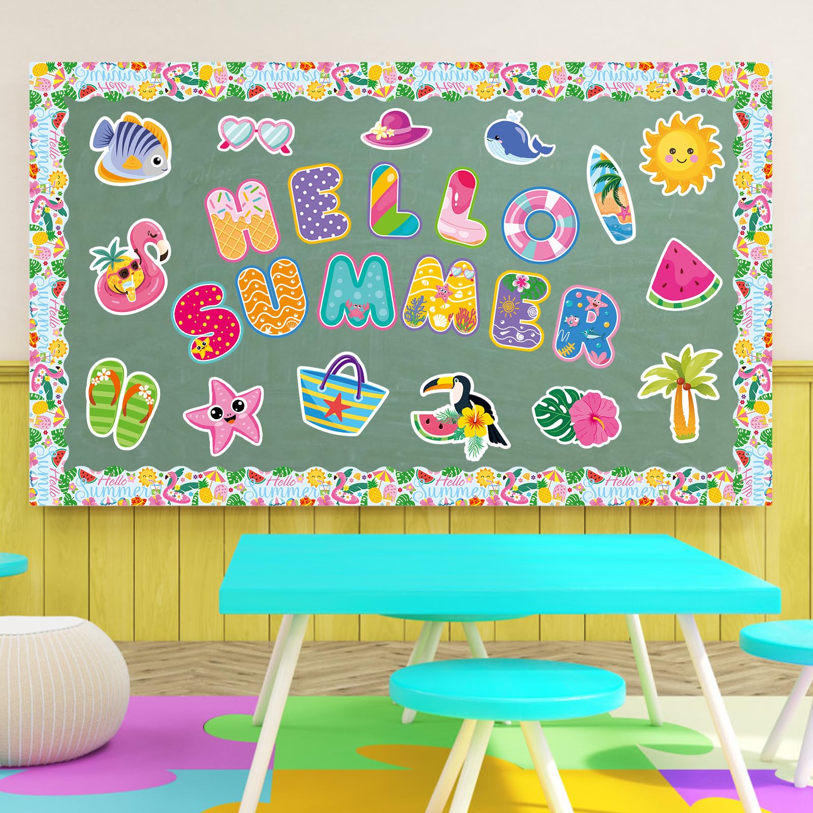 58Pcs Summer Bulletin Board Decorations Set - Tropical Hawaiian Paper Cutouts for Classroom, Home & School Decor - Perfect for Summer Parties, Back to School Displays & Seasonal Wall Decorations
