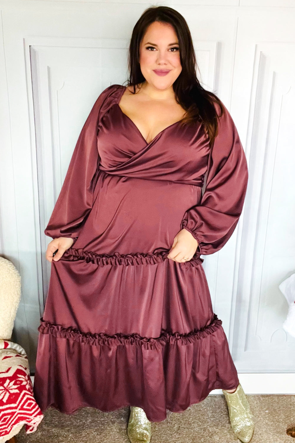 Holiday Vibes Wine Satin Front Overlap Smocked Back Maxi Dress for Women - Elegant Party Gown for Christmas, New Year & Special Occasions