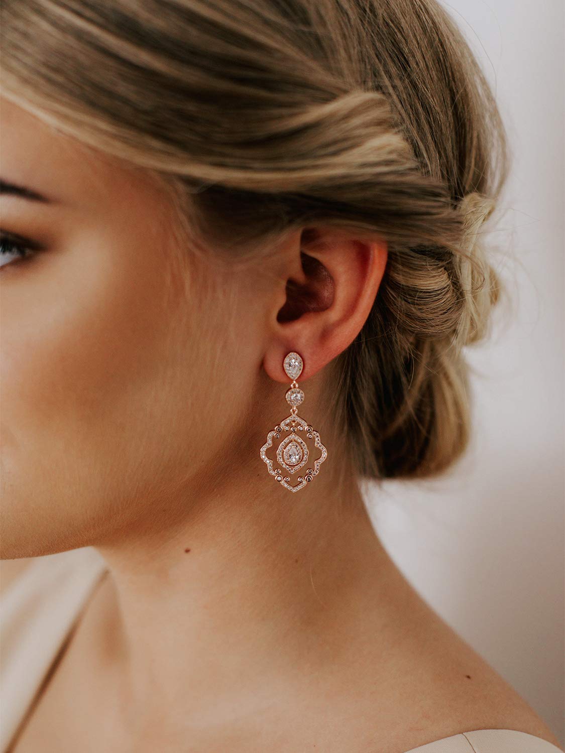 SWEETV Rose Gold Art Deco Drop Dangle Earrings - Elegant Wedding & Bridal Jewelry for Women | Perfect for Brides, Formal Events & Special Occasions