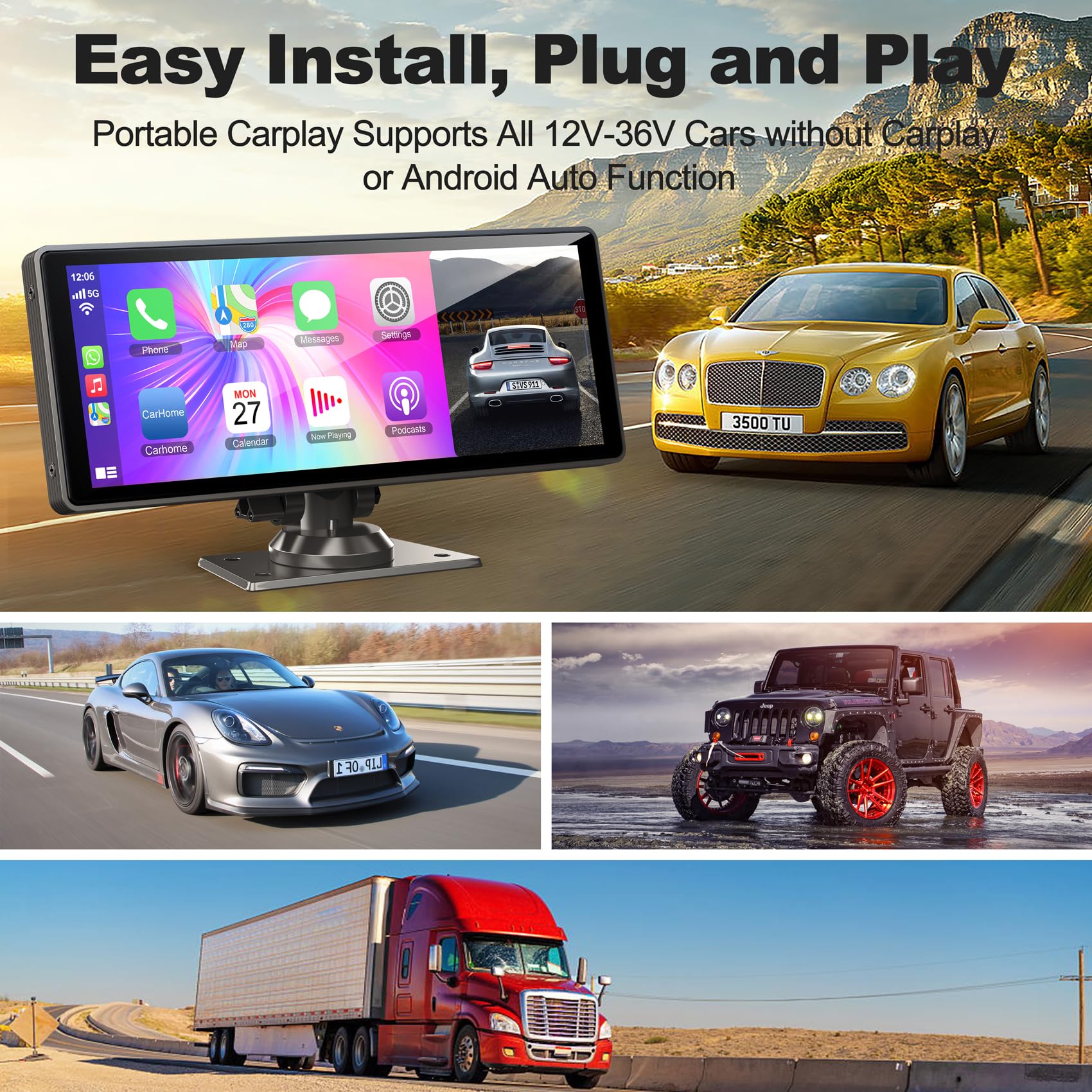 10.26 Inch Wireless CarPlay Screen for Car - Portable Car Stereo with 4K Dash Cam & Rear Camera Support, Android Auto/AirPlay/Bluetooth/Voice Control/GPS/AUX - IPS Touchscreen with 64GB TF Card - Perfect for Road Trips & Daily Commuting