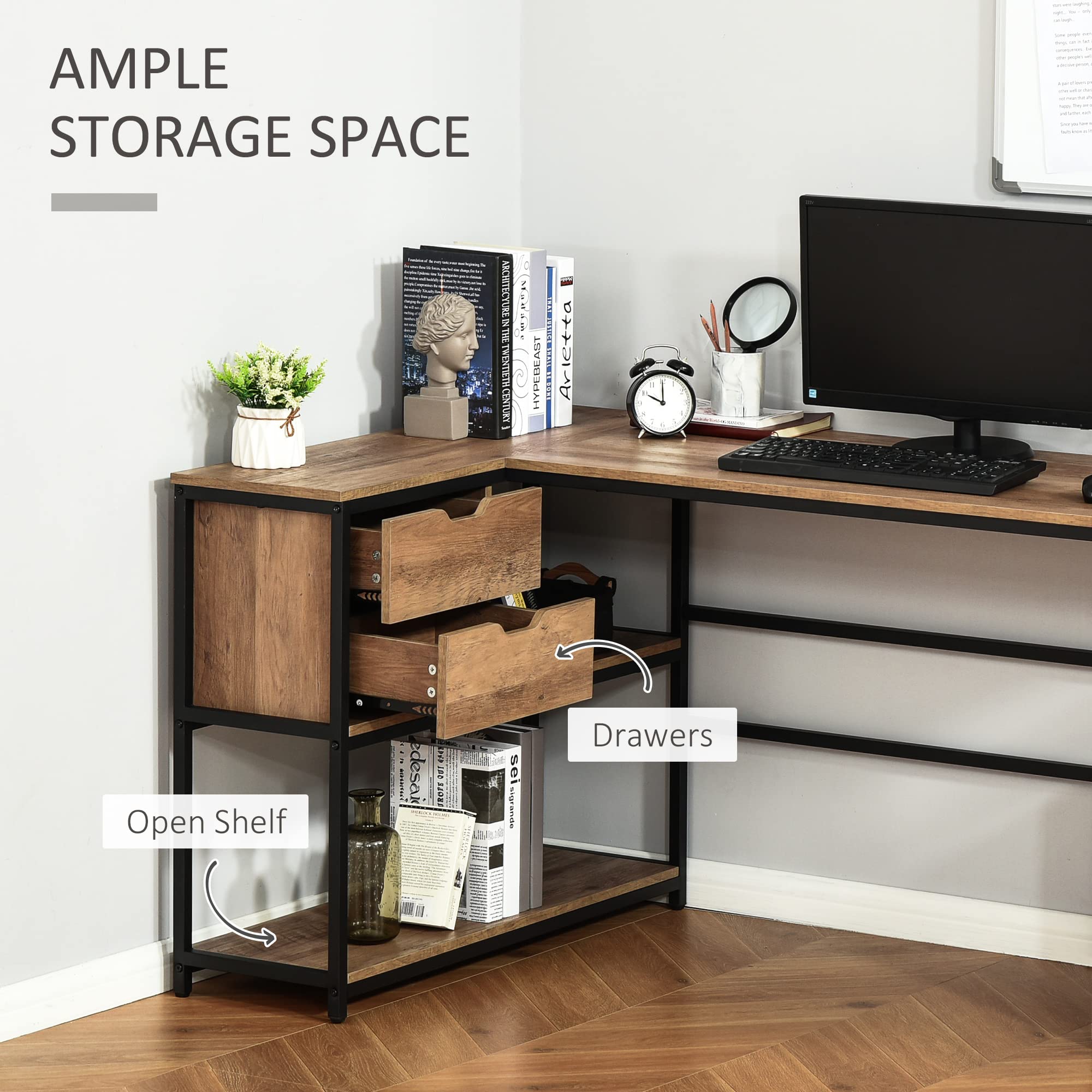 HOMCOM L-Shaped Home Office Computer Desk with Storage Shelves, 2 Drawers & Industrial Steel Frame - Black/Brown - Perfect for Small Spaces, Gaming & Workstation Setup