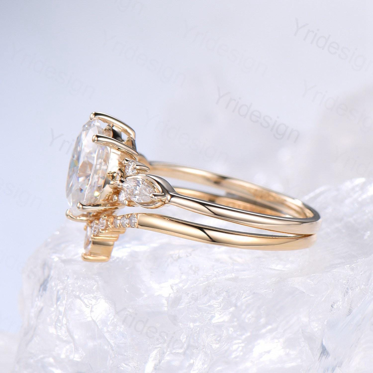 2 Carat Oval Cut Moissanite Engagement Ring Set in 14K Solid Yellow Gold, VS D Flawless Vintage Seven Stone Bridal Ring for Women - Perfect for Proposals, Weddings & Anniversary Gifts