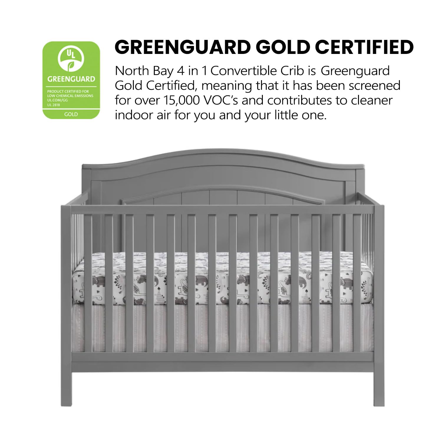 Oxford Baby North Bay 4-in-1 Convertible Baby Crib - Greenguard Gold Certified, Dove Gray | Nursery, Toddler Bed & Daybed | Safe & Stylish for Newborns to Teens