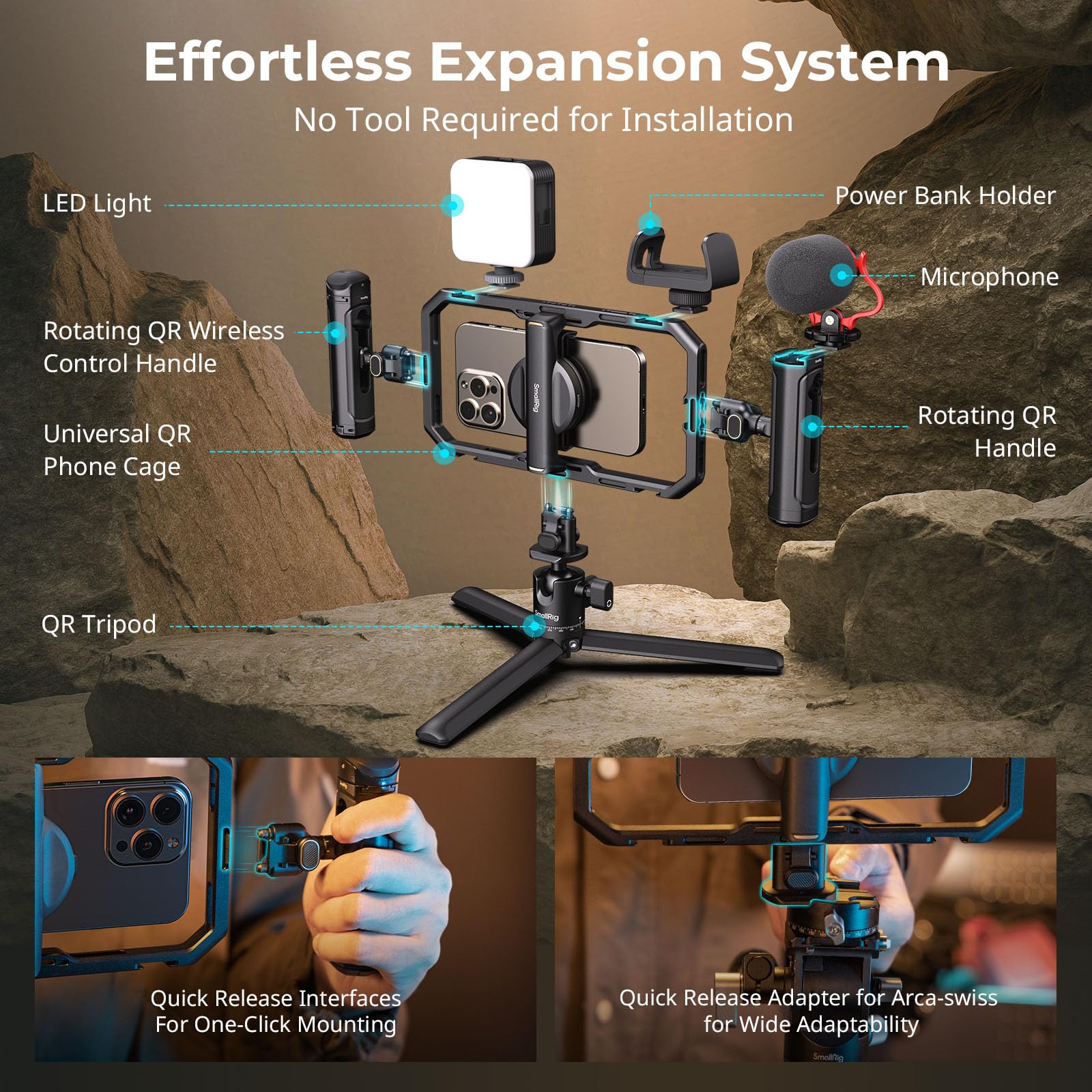 SmallRig Universal Quick Release Phone Video Rig Kit Pro - Phone Stabilizer with LED Light, Microphone, QR Tripod, Dual Handles & Power Bank Holder for Content Creators, Live Streaming, Vlogging & YouTube Videos (Model 4704)