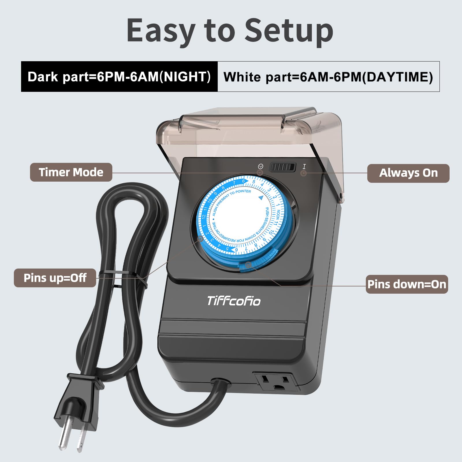 Heavy Duty Outdoor Mechanical Timer - Waterproof 24-Hour Pool Pump Timer with 15 Minute Intervals, 2FT Cord & Grounded Outlet (15A/1875W) - Perfect for Outdoor Lights, Pools, Sprinklers & Garden Irrigation Systems