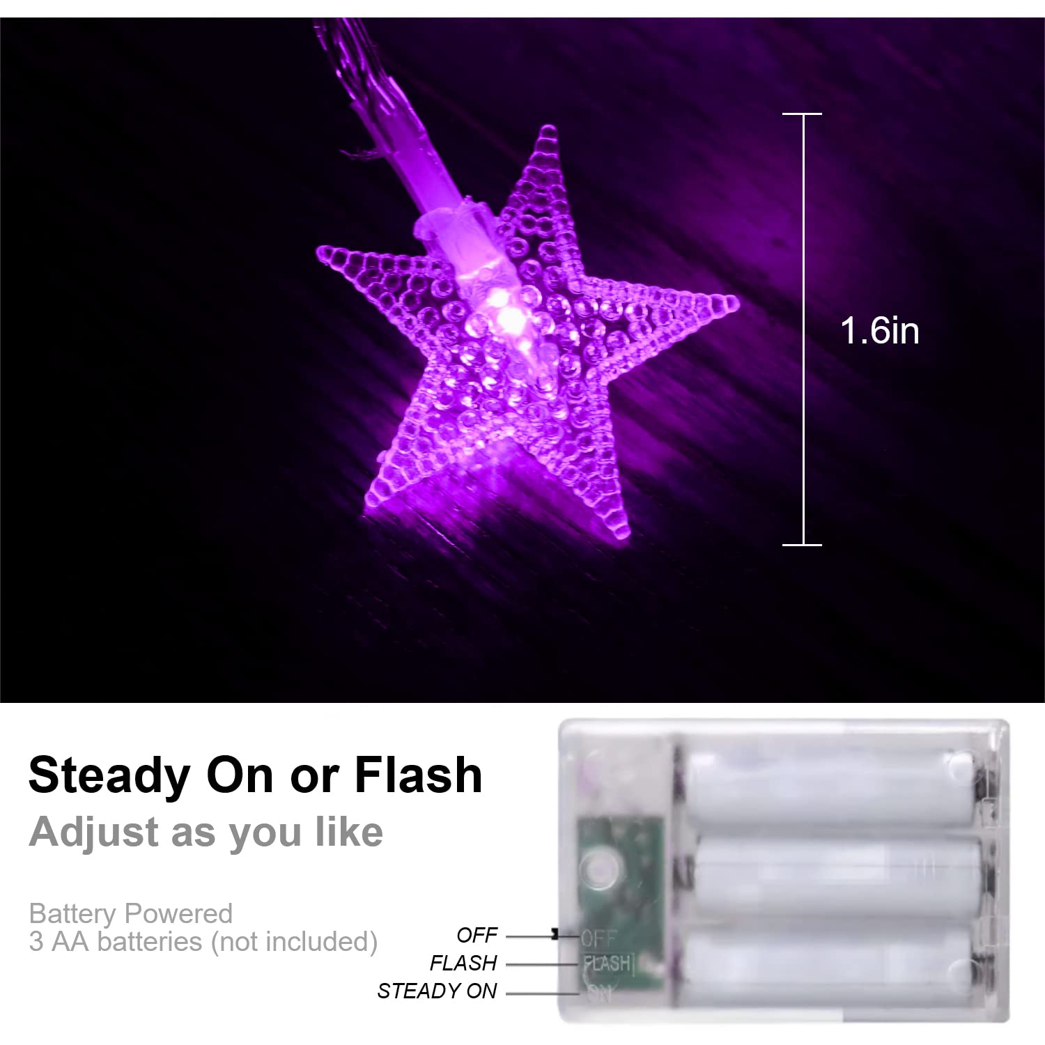 30 LED 15 FT Battery Operated Star Fairy String Lights - Indoor Outdoor Christmas Tree Decorations, Party, Wedding & Garden Lighting (Purple)