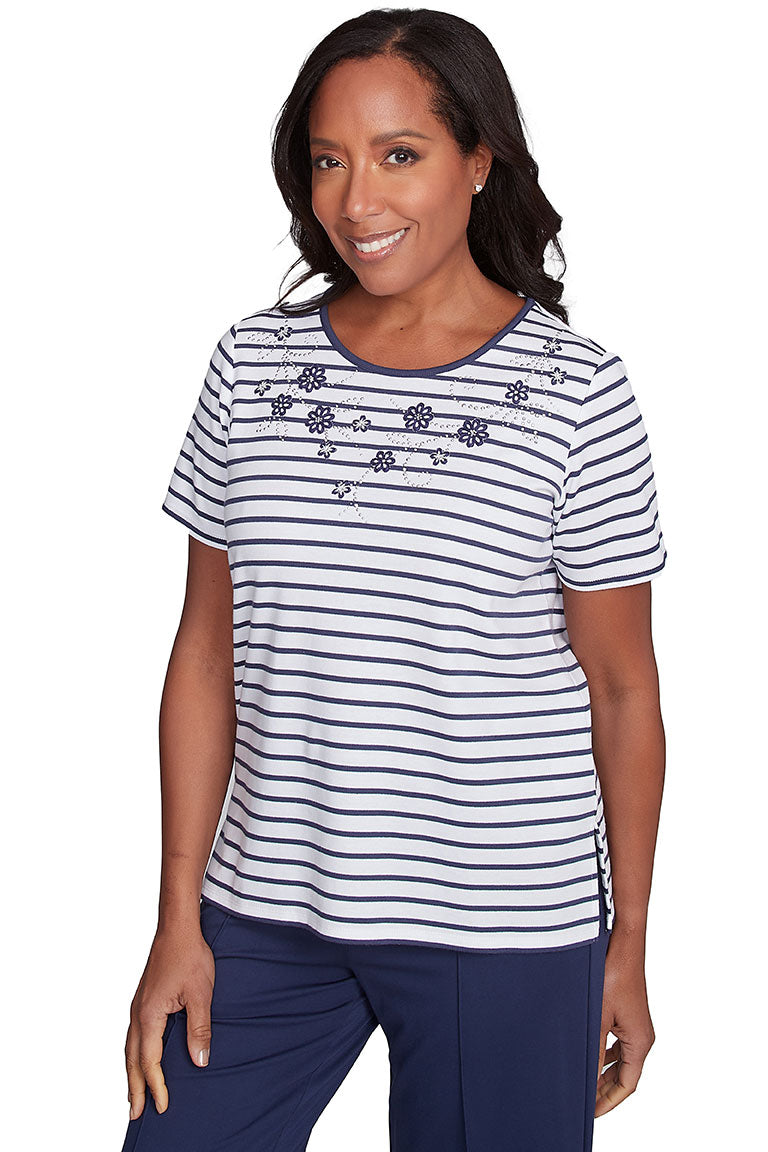 Nantucket Striped Rhinestone Floral T-Shirt for Women - Casual Summer Blouse with Sparkling Rhinestones - Perfect for Beach Vacations and Outdoor Parties