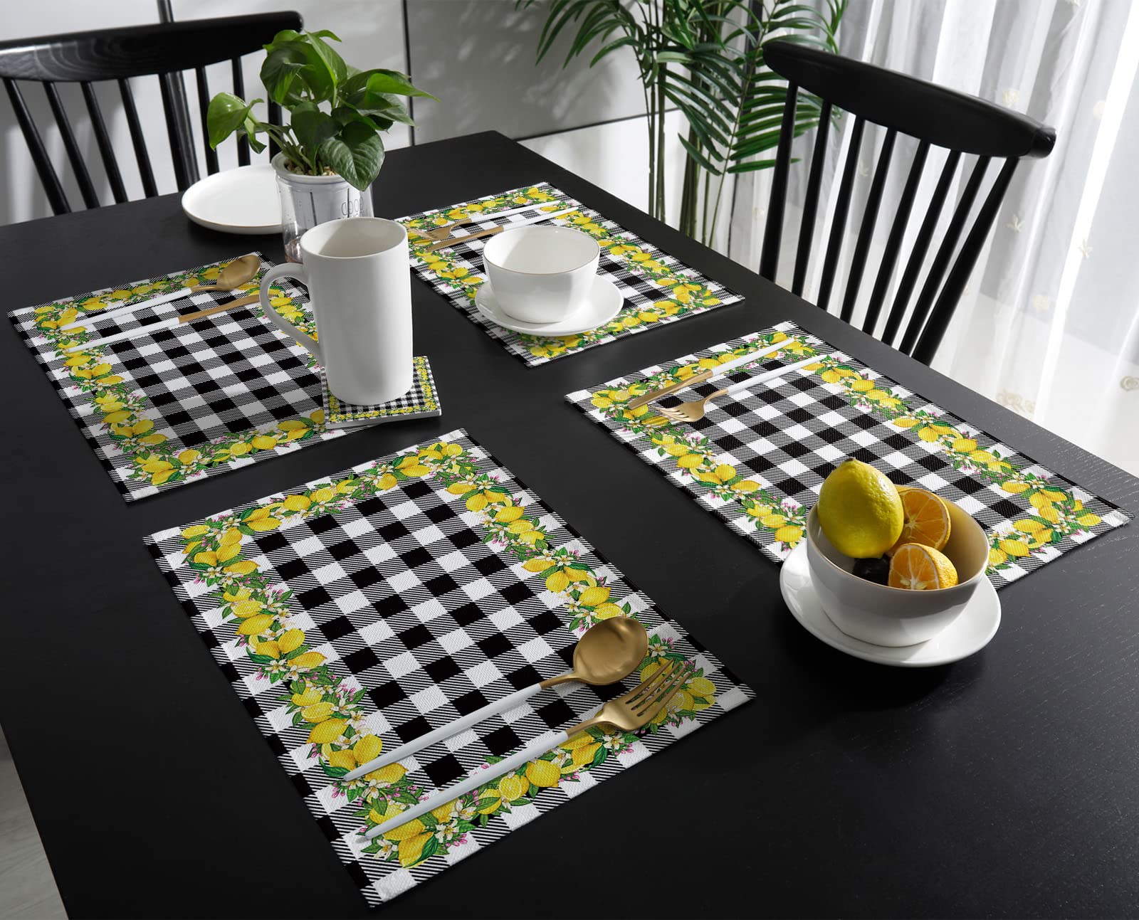 6 Pack Summer Lemon Floral Farmhouse Placemats – White & Black Buffalo Plaid Heat-Resistant Non-Slip Dining Table Mats (13x19 Inch) for Kitchen, Dining Room Decor & Party Table Settings